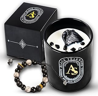 Scented Candle for Men with Luxurious Obsidian Bracelet, Teakwood for Home Scented, Hand-Poured Natural Soy Wax, Stress Relief Masculine Gift for Men, Dad, Boyrfriend, Powerful Manifestation Crystals
