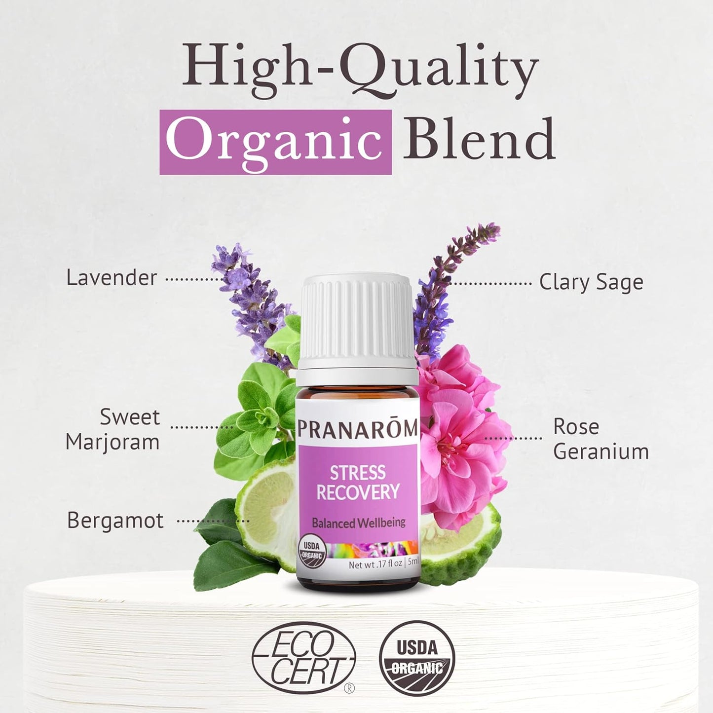 Pranarom - Stress Recovery Essential Oil Blend (5ml) - Lavender, Bergamot, Clary Sage, and Rose Geranium - 100% Pure Essential Oil for Diffusing and Wellness | USDA and ECOCERT Certified Organic