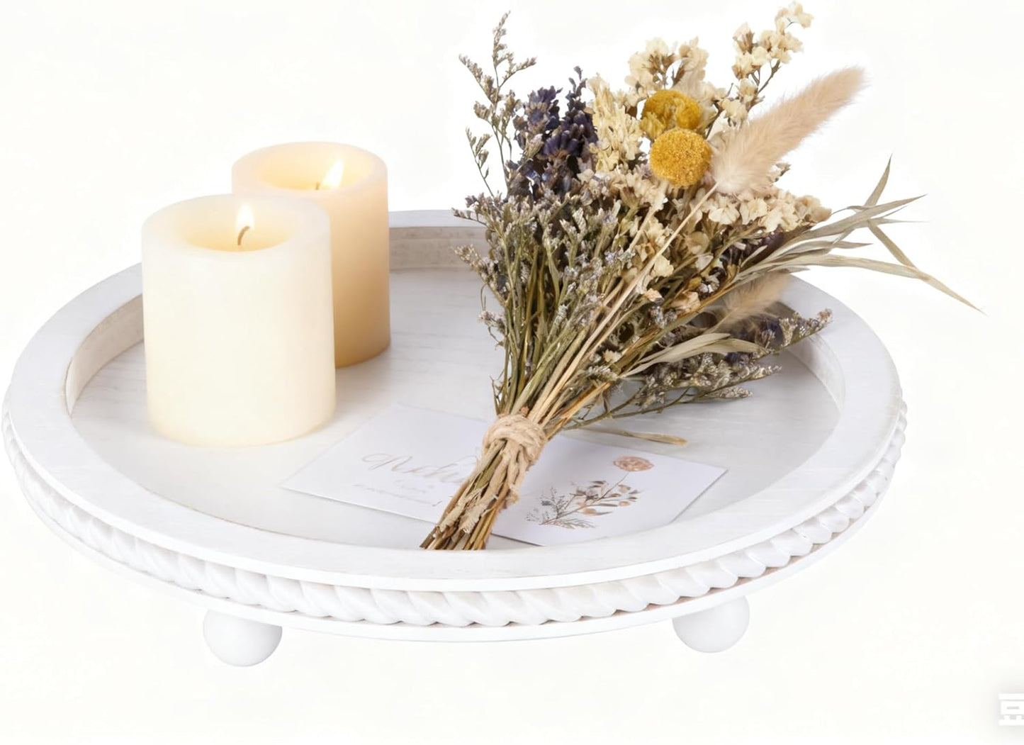 Urban Deco Decorative Trays for Home Decor, Round Wooden Trays for Coffee Table, White Stripes Tray for Living Room, Kitchen, Farmhouse Centerpiece Decor (1-Pk)