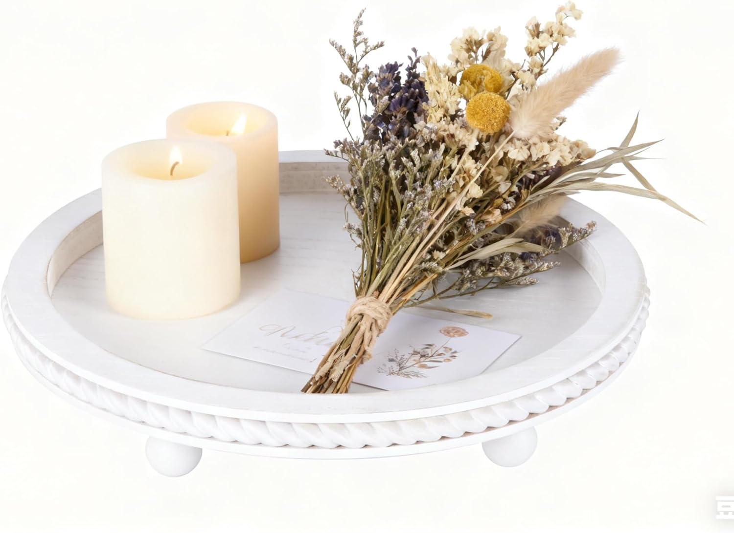 Urban Deco Decorative Trays for Home Decor, Round Wooden Trays for Coffee Table, White Stripes Tray for Living Room, Kitchen, Farmhouse Centerpiece Decor (1-Pk)