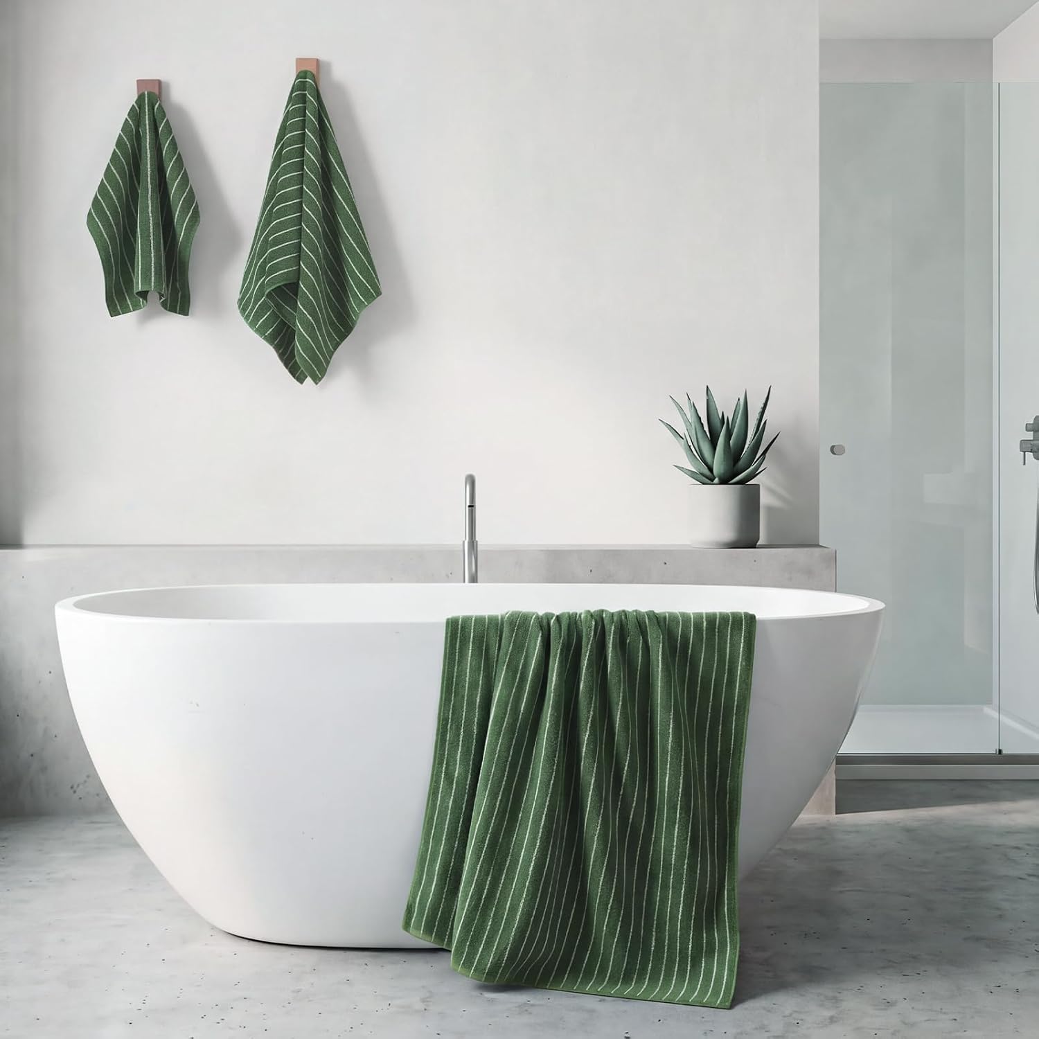 ecolook Premium Bath Towel Set of 6 Pieces – 100% Cotton, Super Absorbent & Quick Dry, Striped Towels for Bathroom, Spa & Swim – 2 Bath, 2 Hand, 2 Washcloths, Olive Green