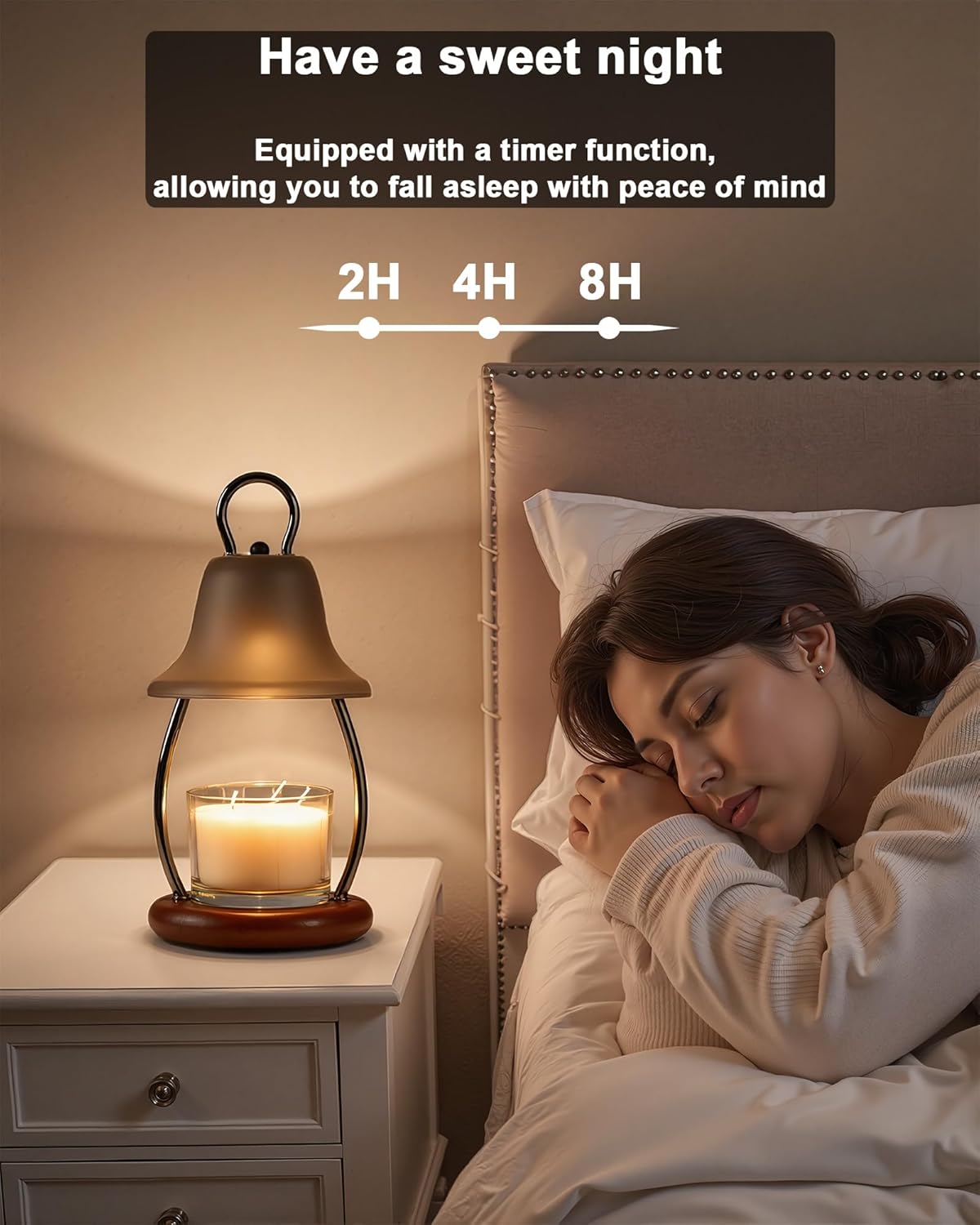 Candle Warmer Lamp with Timer - Adjustable Brightness & Glass Shade - Wooden Base with 2 Bulbs Included (Black)