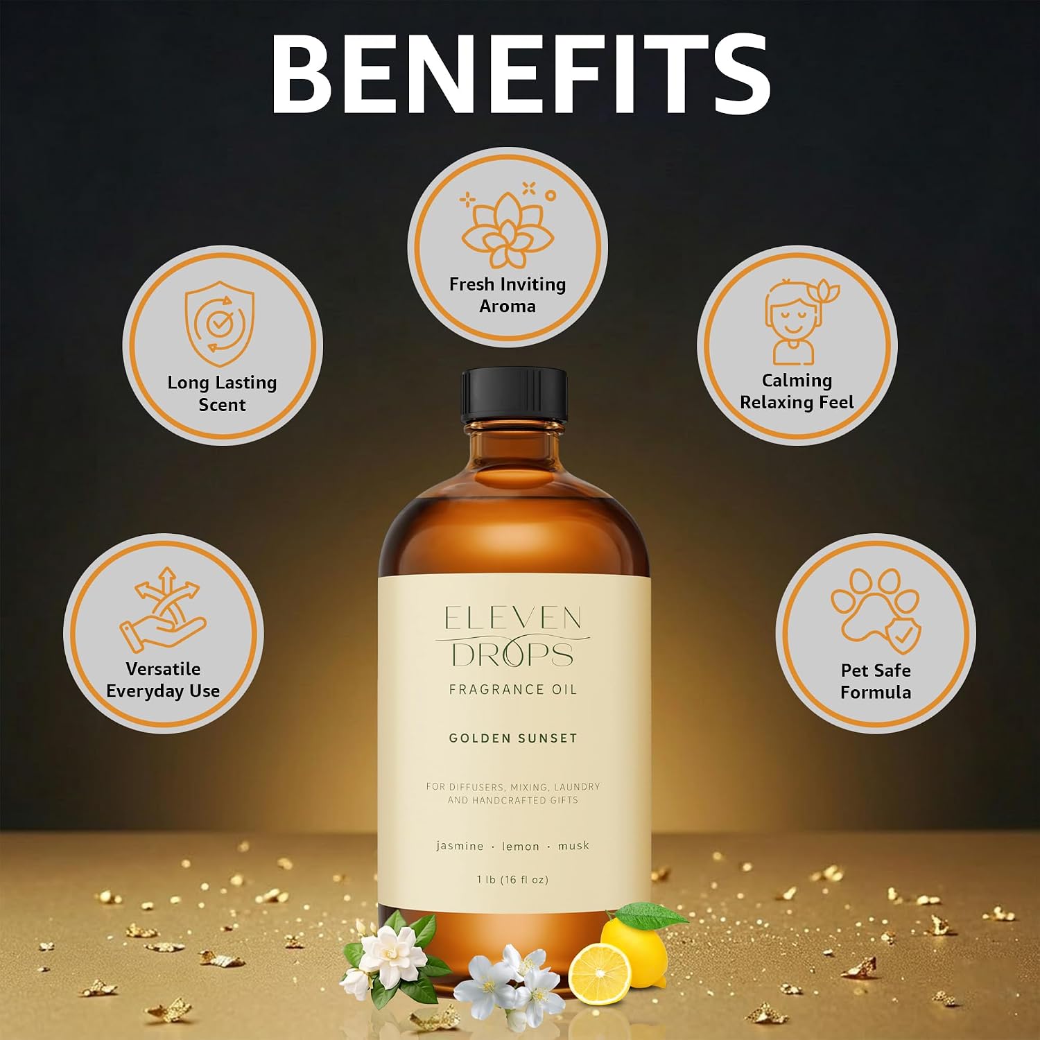 Golden Sunset Fragrance Oil | Jasmine, Lemon & Musk Notes | Long Lasting Scent Reed Diffuser Oil for Home, Office, Hotel, Spa, Car & Linen Spray | Pet Friendly IFRA Compliant, 16 oz