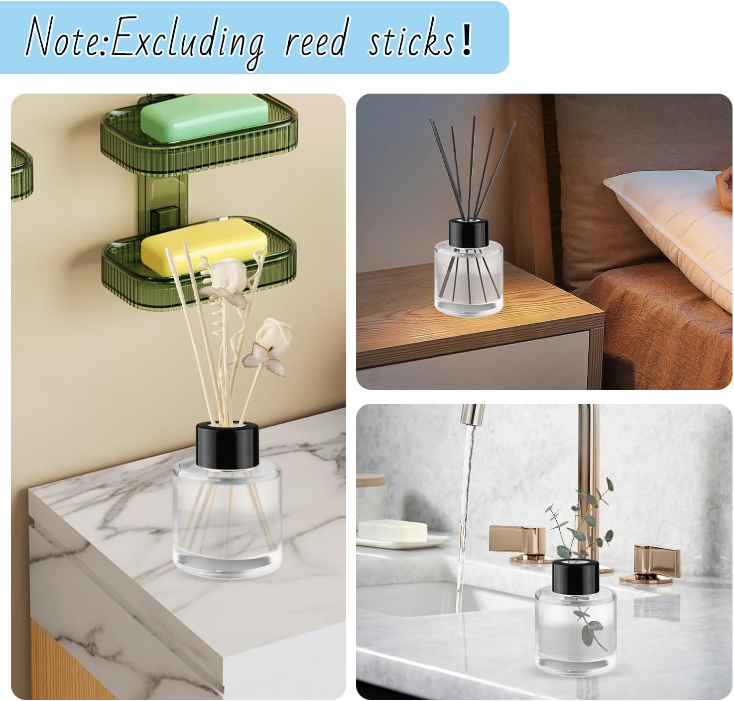 6 Pack 50ml/1.7oz Empty Clear Glass Diffuser Bottle with Black Cap Refillable Round-Shaped Essential Oil Containers Fragrance Diffuser Jars Use for Home and Office Decorative