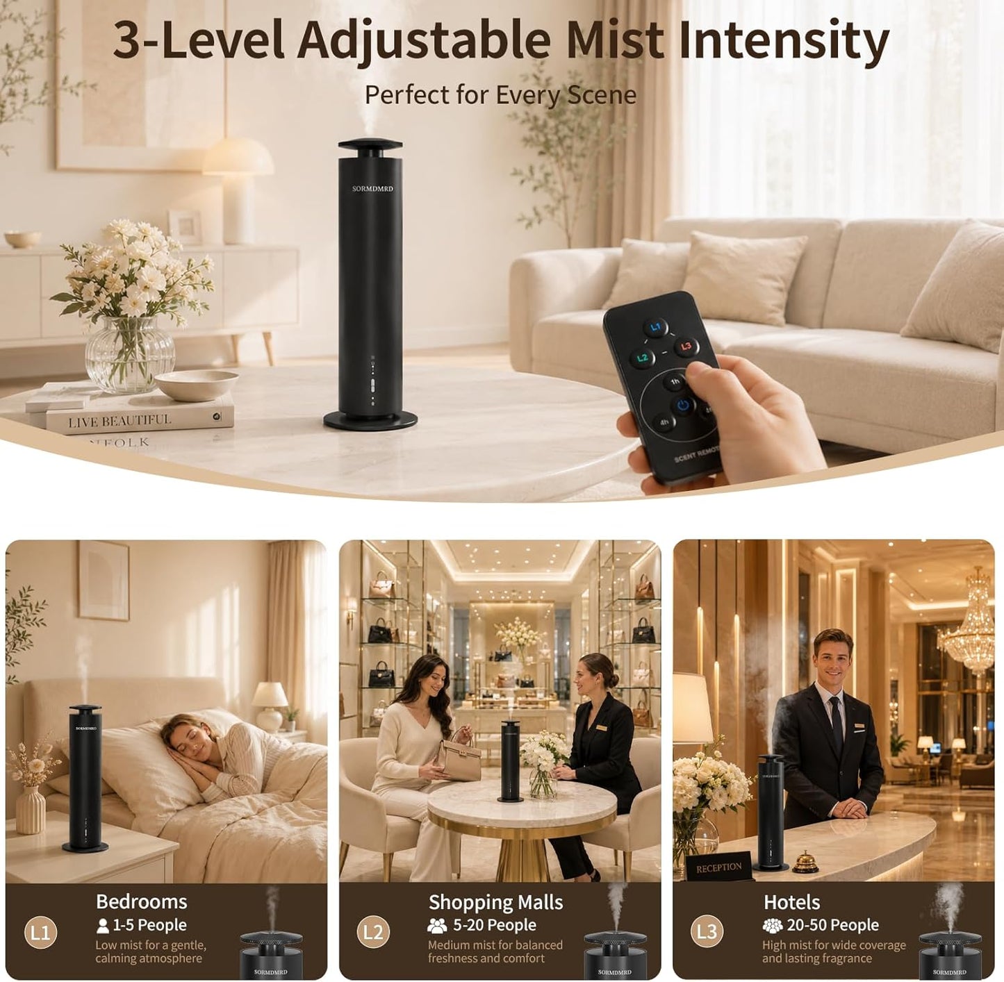 Waterless Scent Diffuser Starter Kit with 5 Scent Essential Oils, Covers 2000 Sq Ft, Cold Air Diffusers for Home, Hotel, Office, Aromatherapy Diffuser with Adjustable Mist, Timer, App & Remote Control