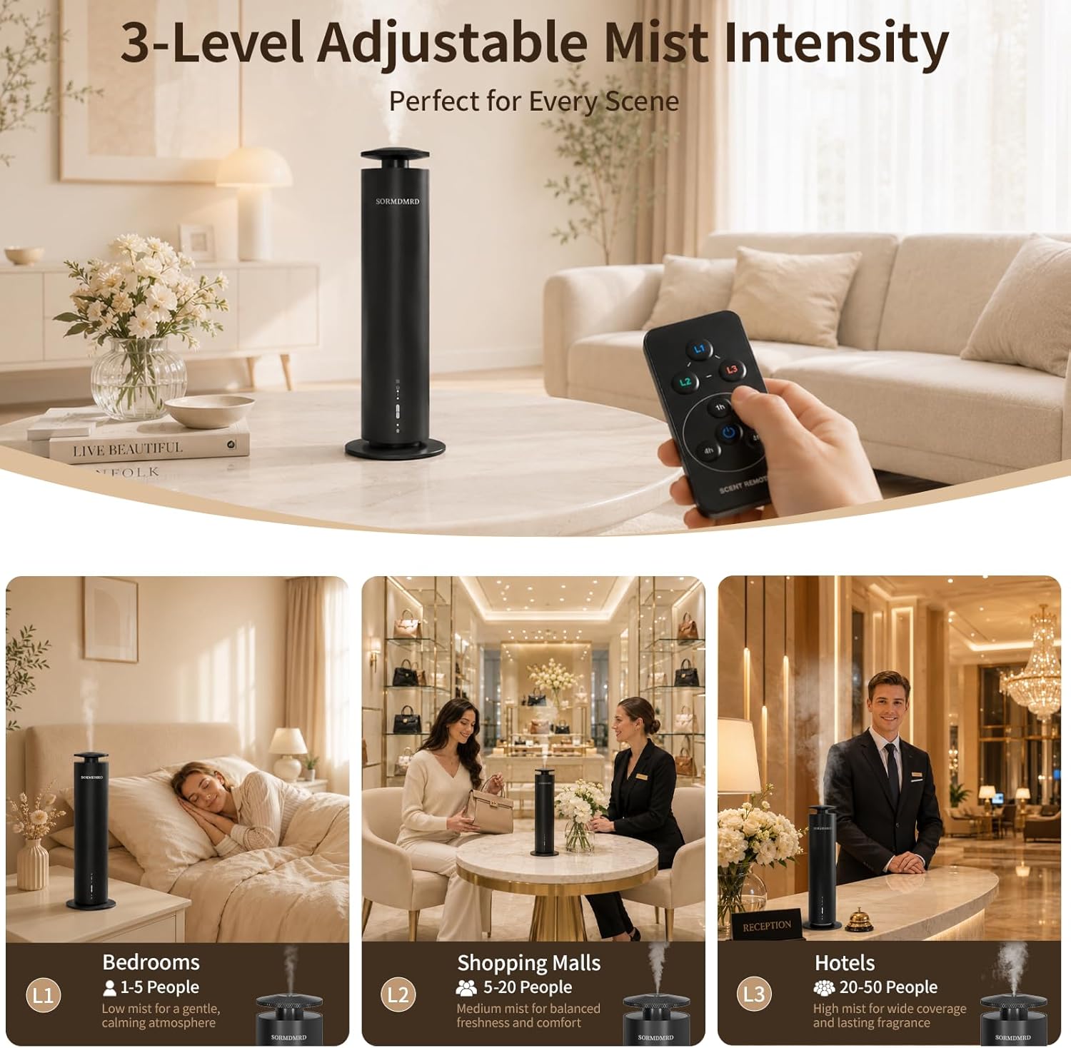 Waterless Scent Diffuser Starter Kit with 5 Scent Essential Oils, Covers 2000 Sq Ft, Cold Air Diffusers for Home, Hotel, Office, Aromatherapy Diffuser with Adjustable Mist, Timer, App & Remote Control