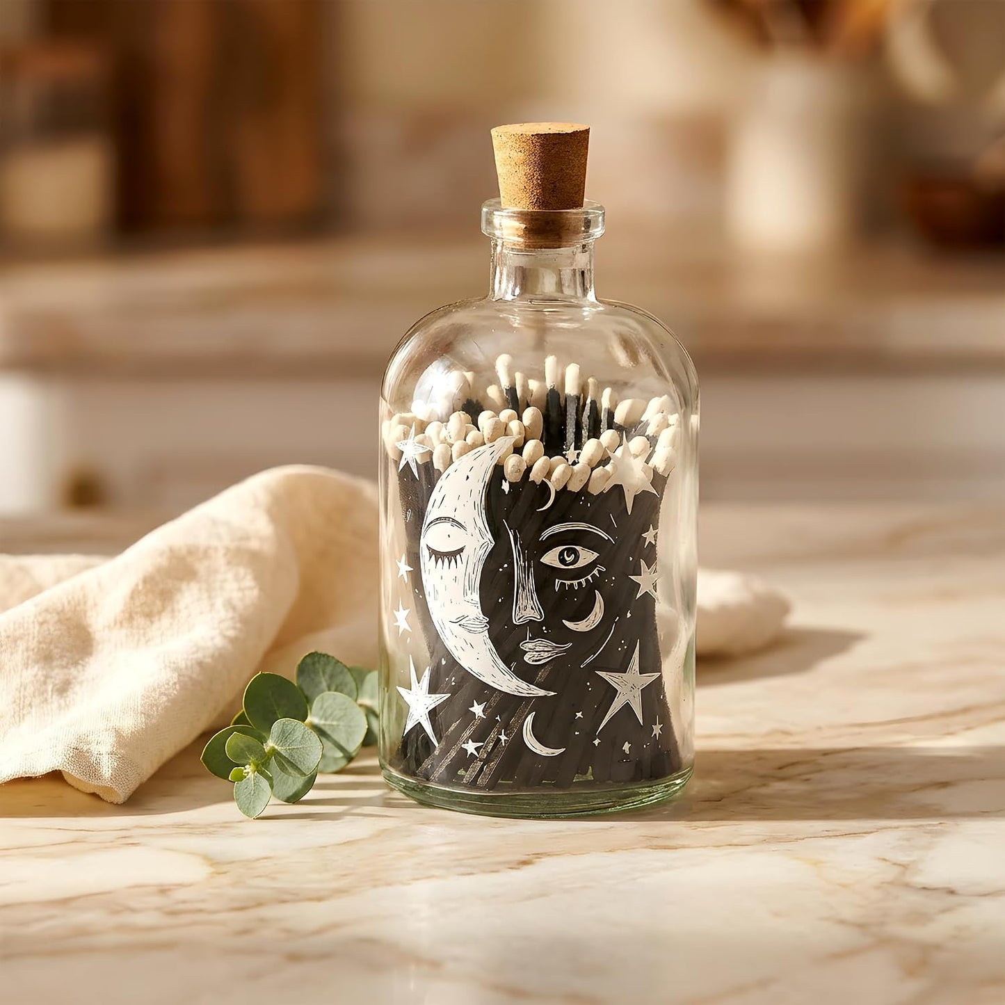 Skeem Celestial Apothecary Match Bottle - Decorative Black Matches in a Bottle with Striker - Celestial Cosmic Home Décor, Romantic Moon & Stars Theme