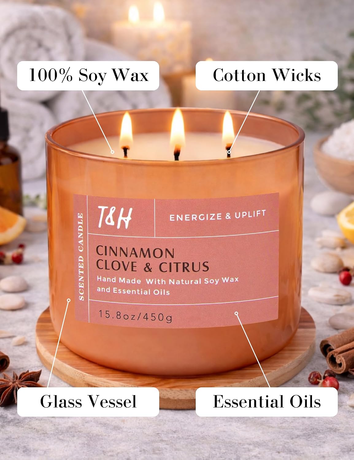 Cinnamon Clove Citrus 3-Wick Soy Candle | 15.8 oz Large Scented Candle for Home | Clean Burn Long Lasting | Spiced Lemon Lime Scent | Gift Ready