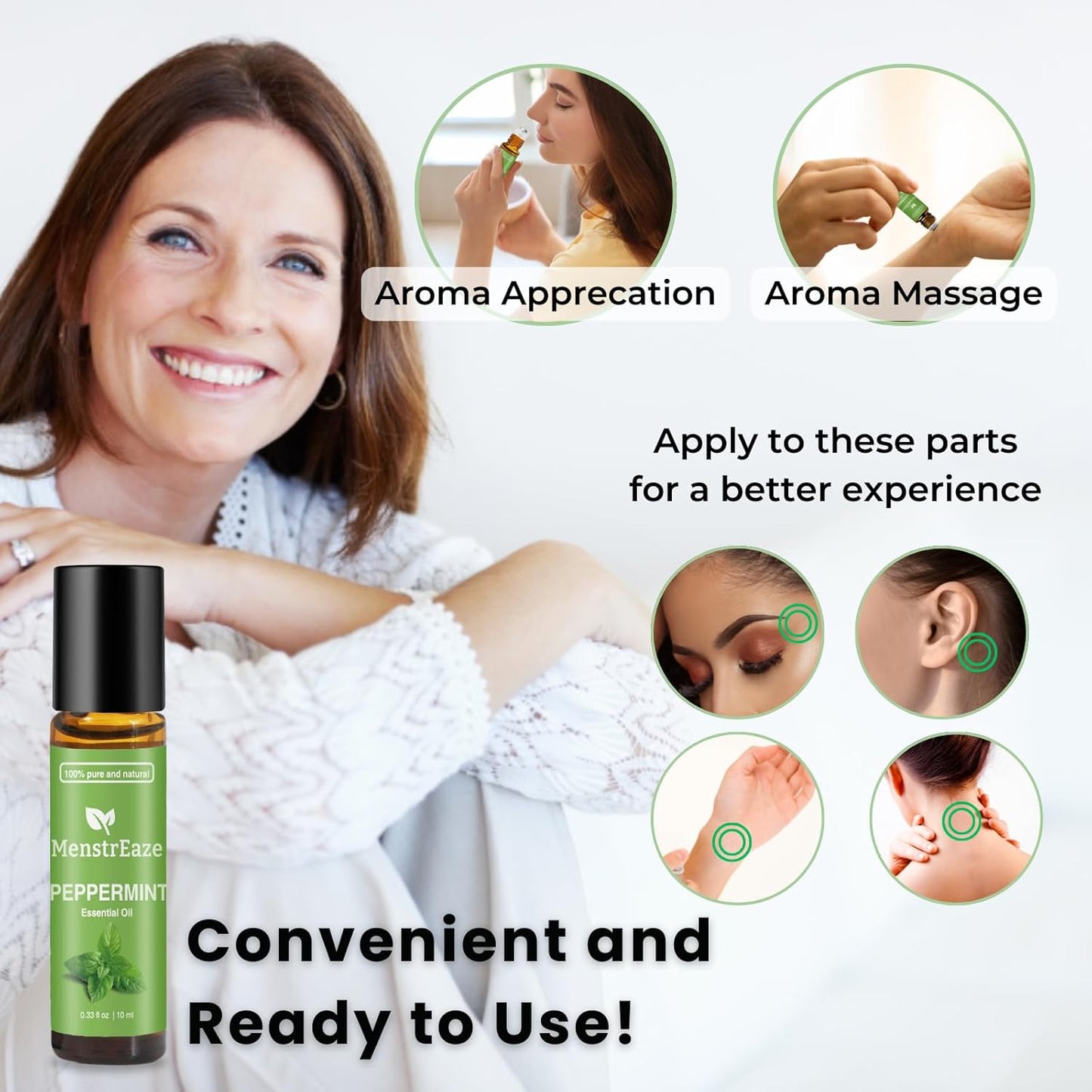 Peppermint Essential Oil Roll On, Migraine & Headache Support, High Potency, Mentha Piperita, 100% Pure Natural, Refreshing and Calming, Nausea Support, 10ml