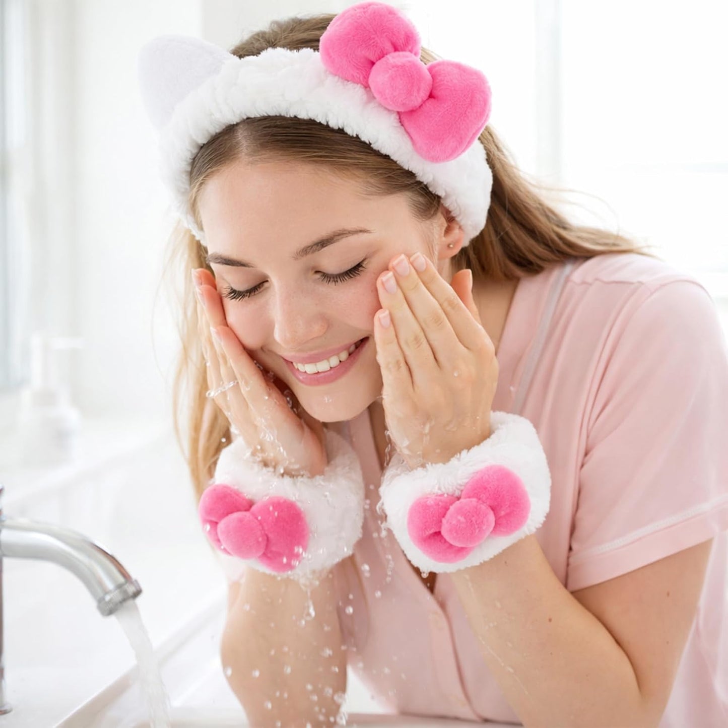 Cat Bow Makeup Headband for Skincare, 3 Pack Cute Spa Makeup Headband Set for Women, Cat Ear Bow Washing Face Headbands with Wristbands