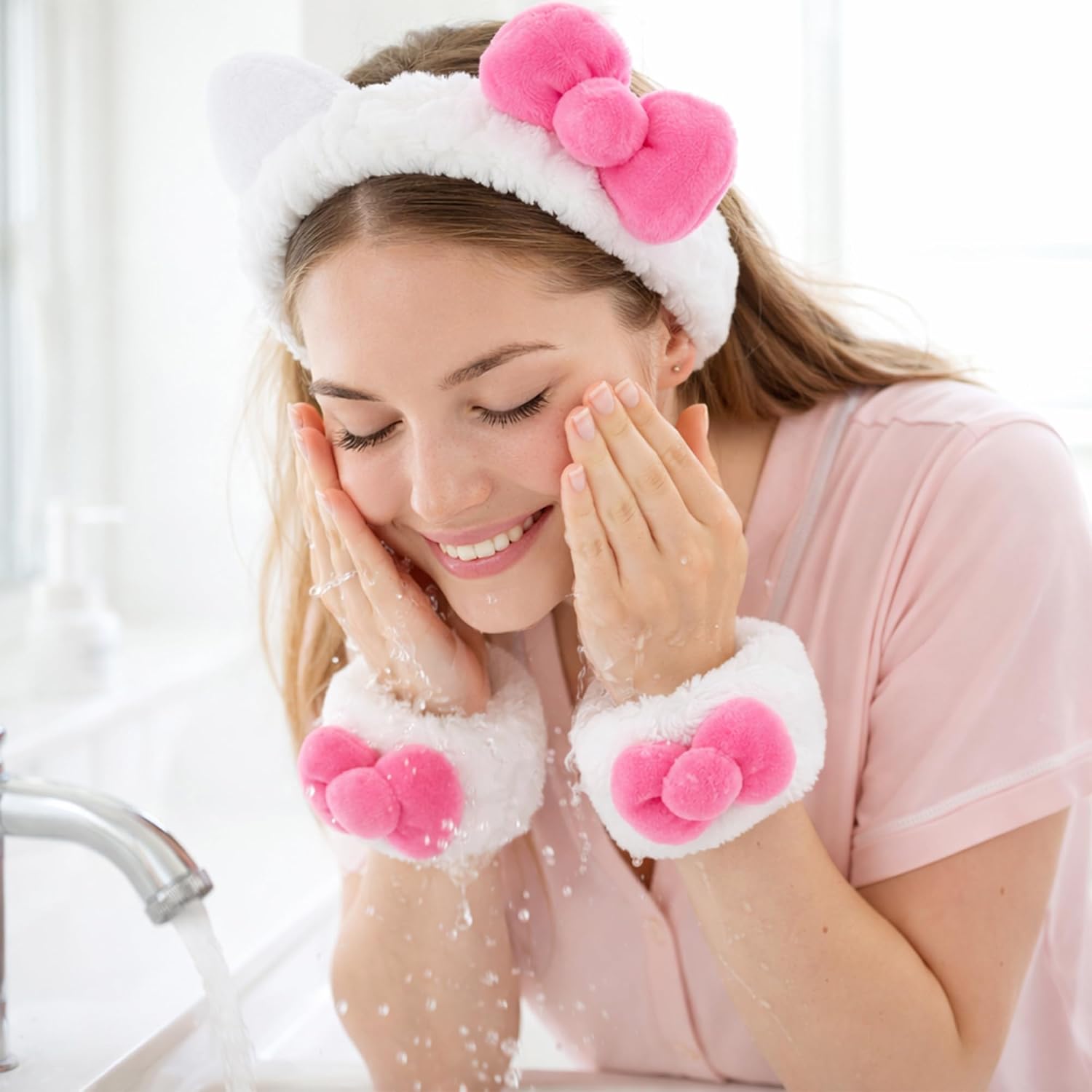Cat Bow Makeup Headband for Skincare, 3 Pack Cute Spa Makeup Headband Set for Women, Cat Ear Bow Washing Face Headbands with Wristbands