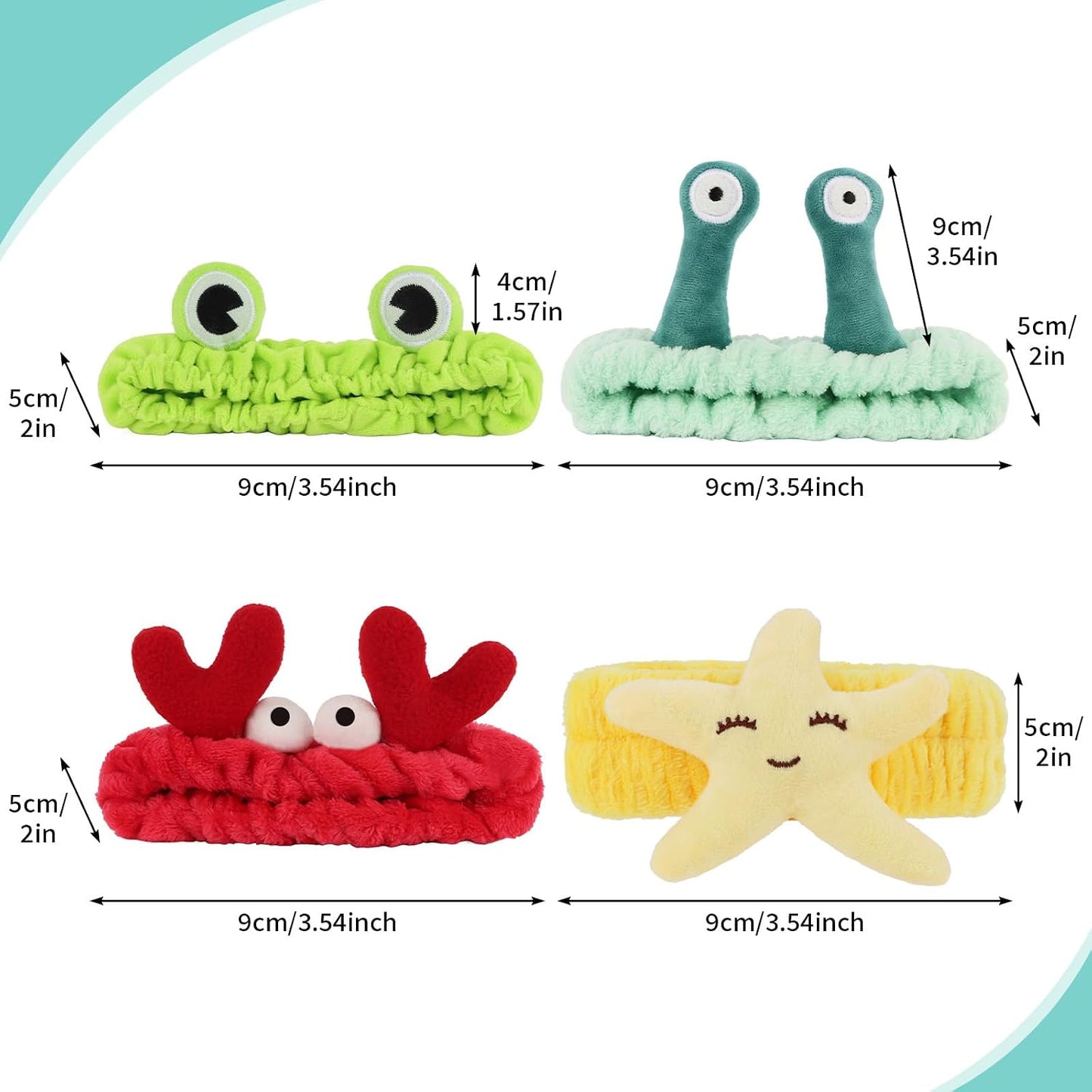Spa Headbands for Girls Women, 4 Pack Cute Cartoon Animal Headbands for Skincare Makeup Washing Face, Cute Frog Snail Crab Starfish Hairbands Hair Accessories Funny Stuff Beauty