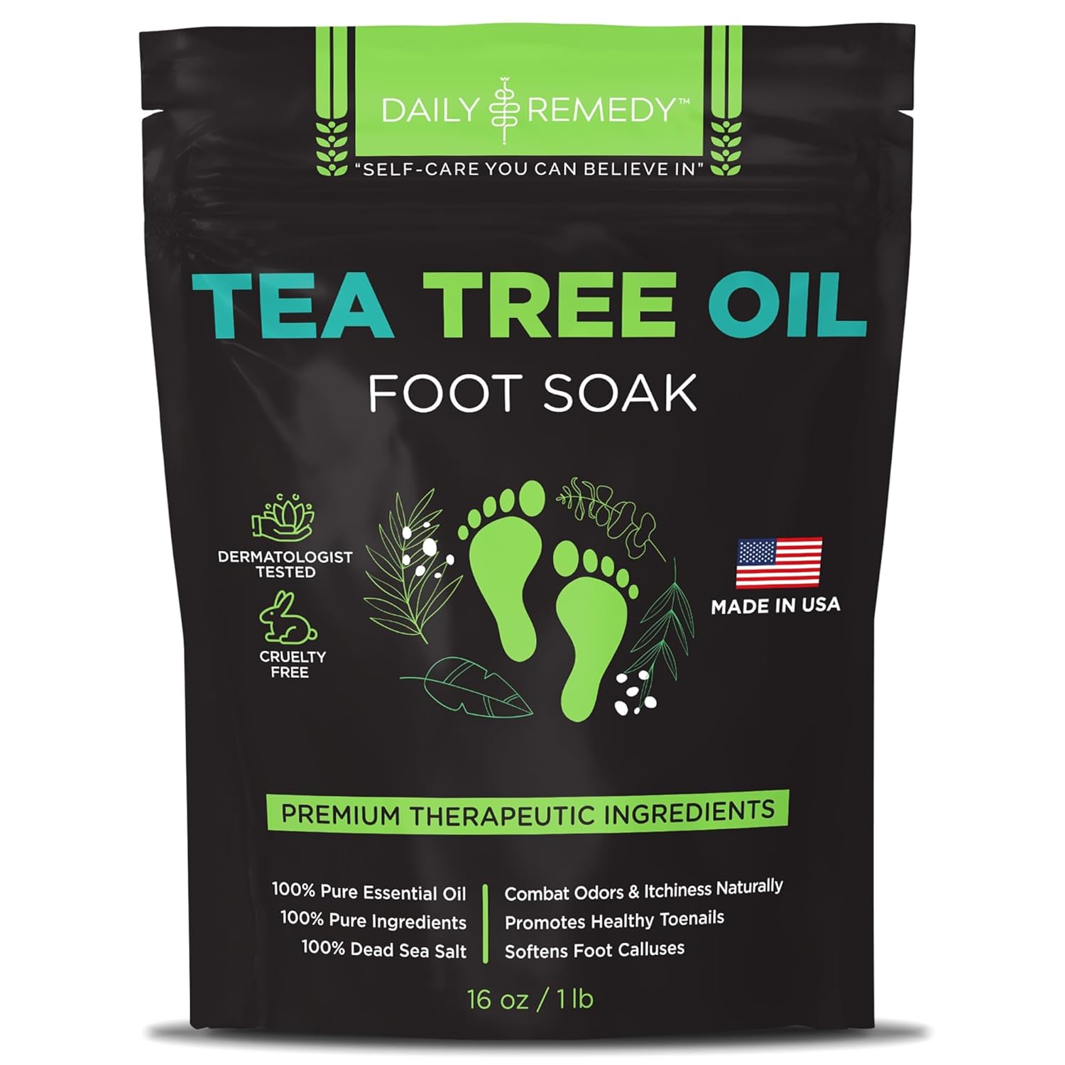 Tea Tree Oil Foot Soak with Epsom Salt - Made in USA - for Toenail irritations, Athletes Foot, Stubborn Foot Odor Scent, Softens Calluses & Soothes Sore Tired Feet - 16 Ounce