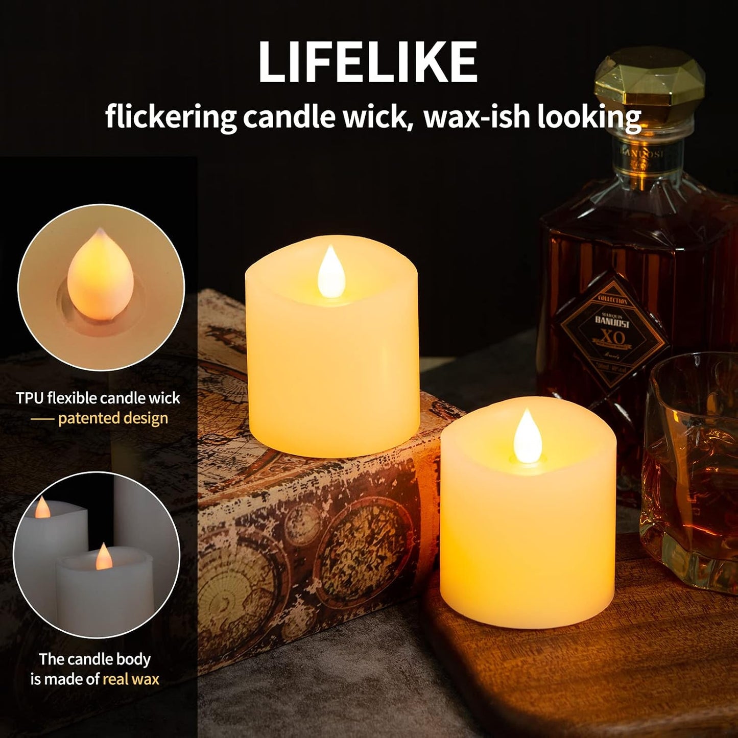 3x3 Flickering Flameless Candles Set of 2, 2AA Battery Life 600 Hours Battery Candles Flickering with Timer,3 inch Flameless Candles with Remote for Indoor/Outdoor, Ivory