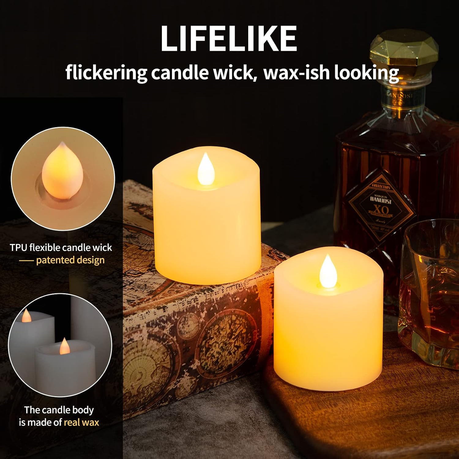 3x3 Flickering Flameless Candles Set of 2, 2AA Battery Life 600 Hours Battery Candles Flickering with Timer,3 inch Flameless Candles with Remote for Indoor/Outdoor, Ivory