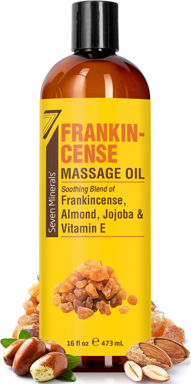 Seven Minerals Frankincense Massage Oil for Massage Therapy - Big 16 oz - Ideal for Professional or at-Home Body Massage. Soothing Natural Blend of Almond, Jojoba & Vitamin E