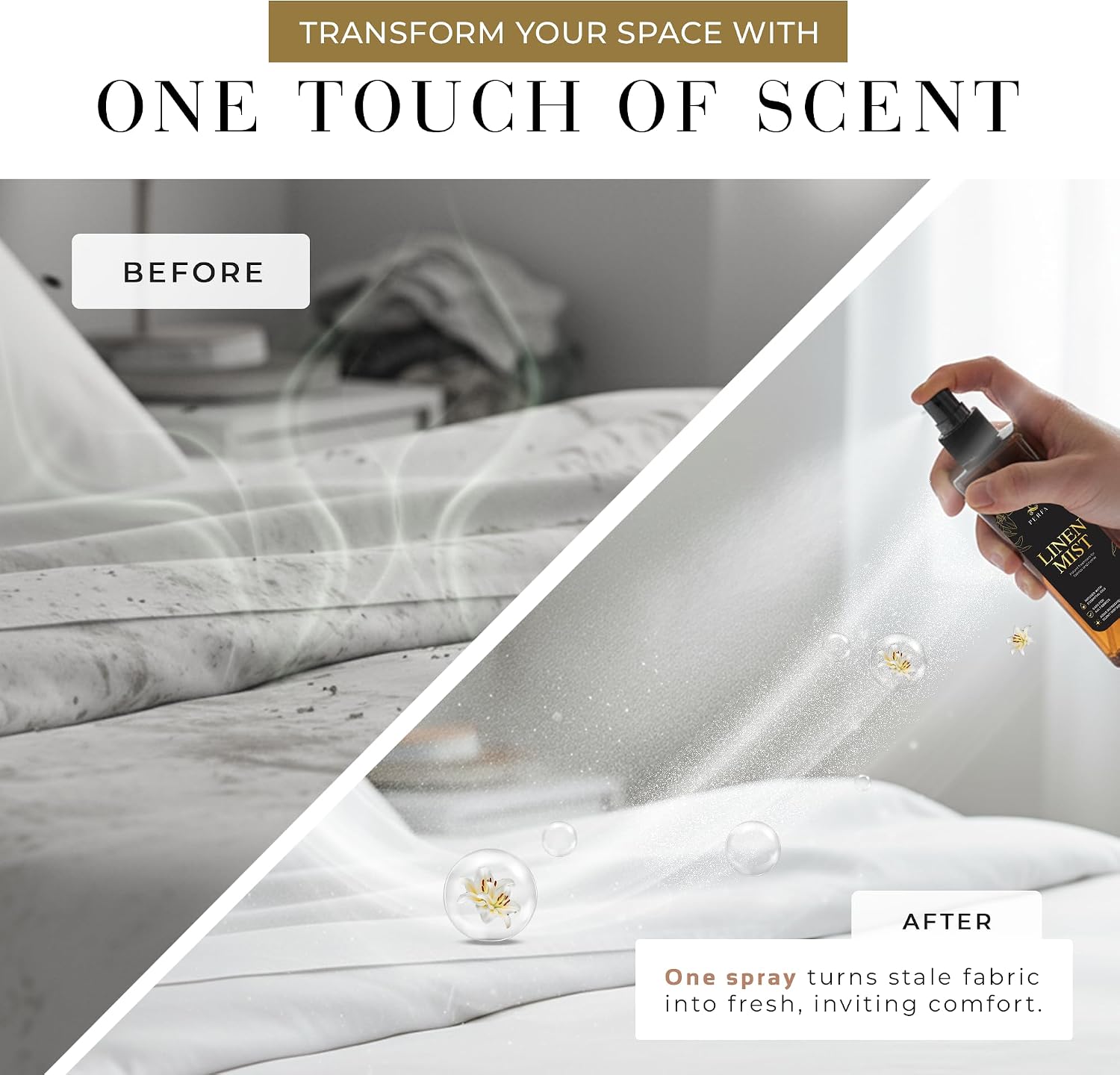 Room and Linen Spray - 250ml Long Lasting Fabric Refresher Spray for Bedding, Laundry, Pillow, Sheets and Curtains with Odor Eliminator Formula - Room Freshener Spray for Hotel & Home by Perfa