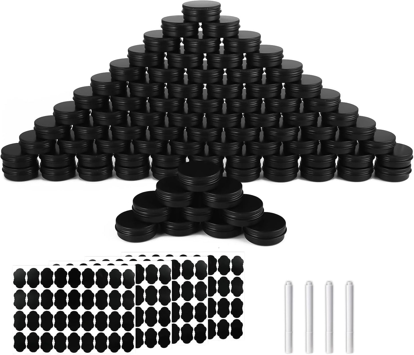 OBKJJ 102 Pack Round Cans with Screw Lid 1 OZ Aluminum Metal Tins,for DIY homemade lotion bars, salves, and candles, Balms, Spices, Beard Balm, Crafts with 4 Markers 5 Sheets Label Stickers (Blcak)