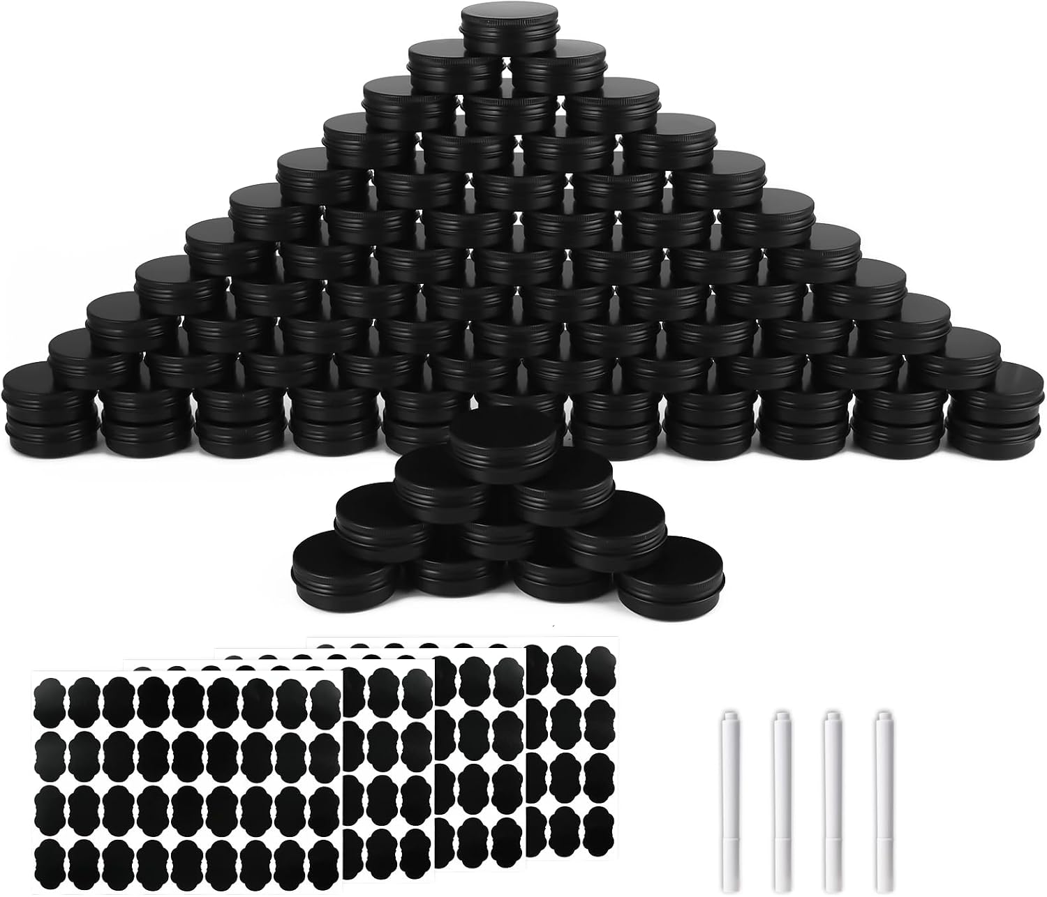 OBKJJ 102 Pack Round Cans with Screw Lid 1 OZ Aluminum Metal Tins,for DIY homemade lotion bars, salves, and candles, Balms, Spices, Beard Balm, Crafts with 4 Markers 5 Sheets Label Stickers (Blcak)