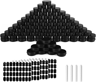 OBKJJ 102 Pack Round Cans with Screw Lid 1 OZ Aluminum Metal Tins,for DIY homemade lotion bars, salves, and candles, Balms, Spices, Beard Balm, Crafts with 4 Markers 5 Sheets Label Stickers (Blcak)