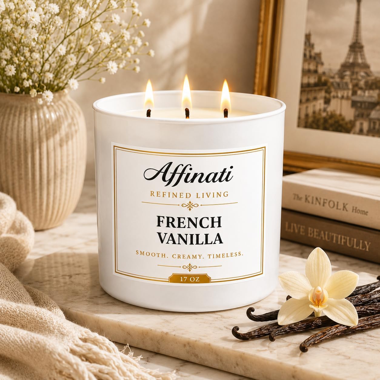 French Vanilla Affinati 3-Wick Candle - 17 oz Luxury Soy Blend, Long-Lasting Home Fragrance & Aromatherapy, Premium Scented Candles Jar, Birthday Gifts for Women & Home Decor