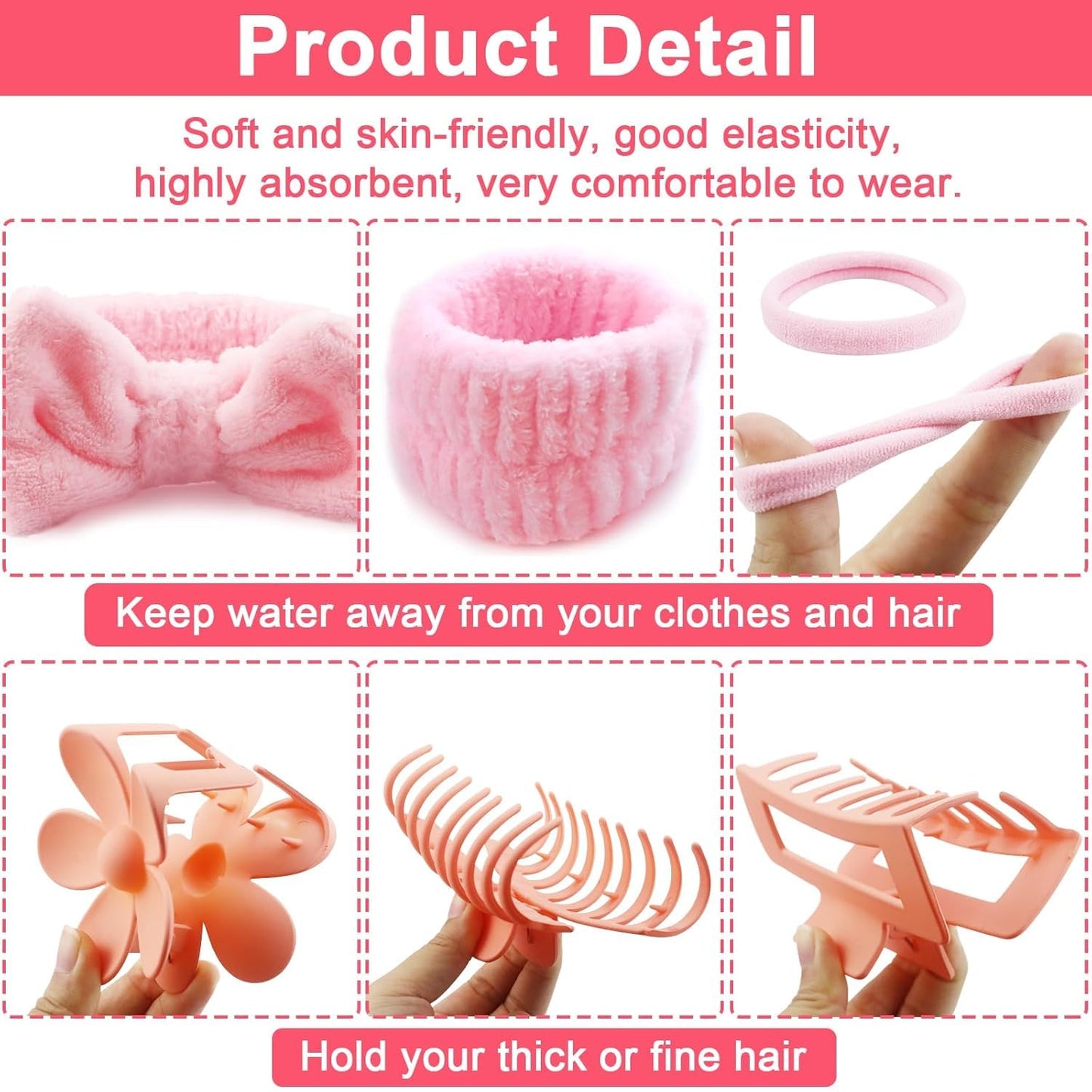 16pcs Skincare Headband Set, Headband Set for Face Washing Spa and Makeup, Including 1 Hairband, Wristband, 3 Hair Claw Clips and 10 Hair Ties, with Box, Gift for Women and Girls, Pink
