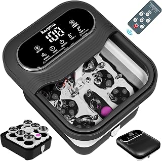 Collapsible Foot Spa Electric Rotary Massage, Foot Bath with Remote Control, Heat, Bubble, Temp Control, and 24 Motorized Shiatsu Massage Balls, Pedicure Foot Spa Tub for Stress Relief (Black)
