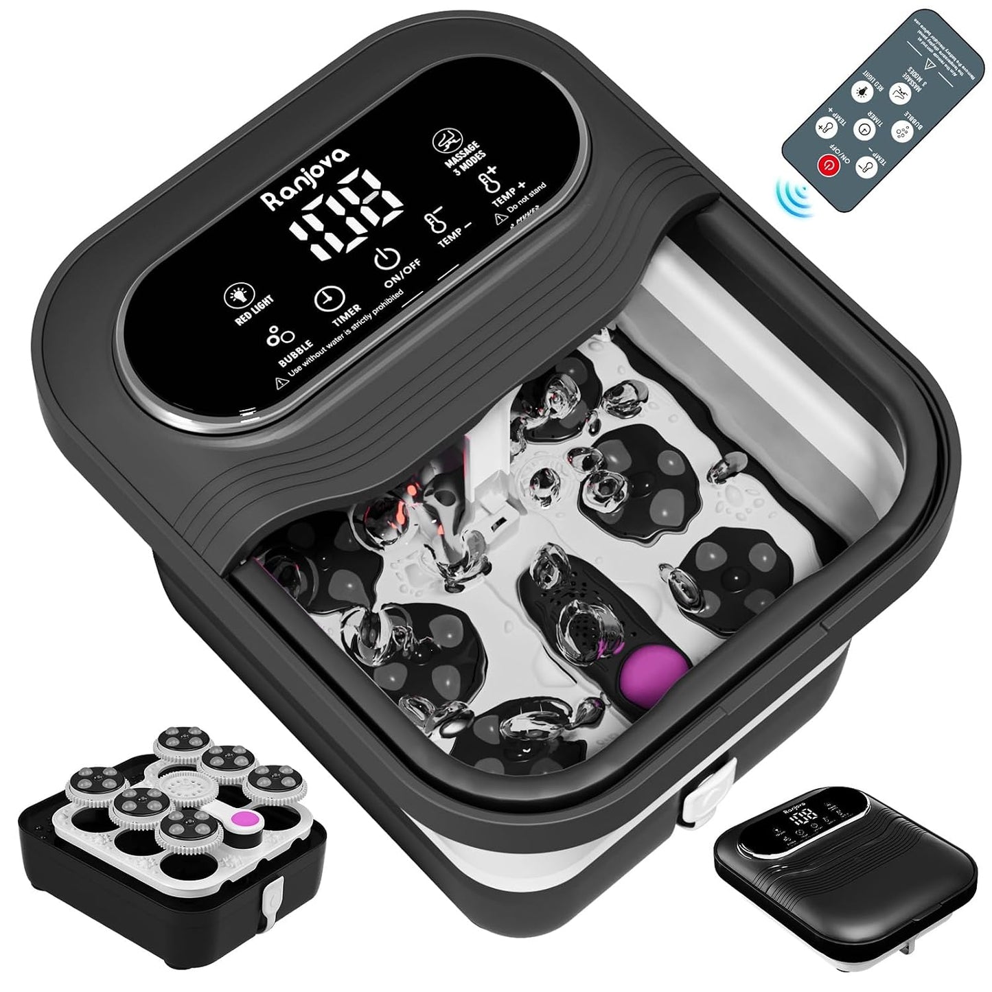 Collapsible Foot Spa Electric Rotary Massage, Foot Bath with Remote Control, Heat, Bubble, Temp Control, and 24 Motorized Shiatsu Massage Balls, Pedicure Foot Spa Tub for Stress Relief (Black)