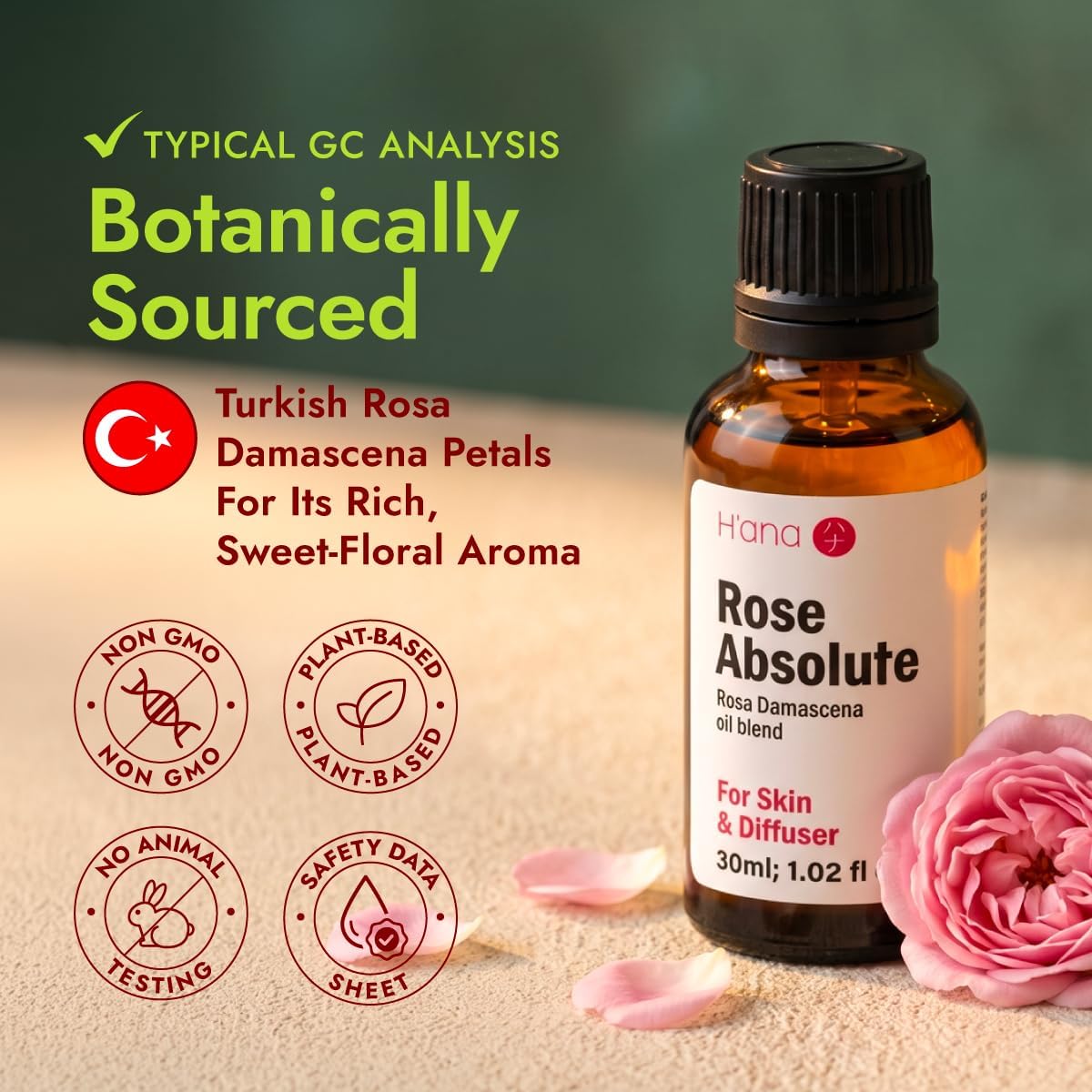 H'ana 100% Pure Rose Essential Oil for Aromatherapy- 1.02 Fl Oz