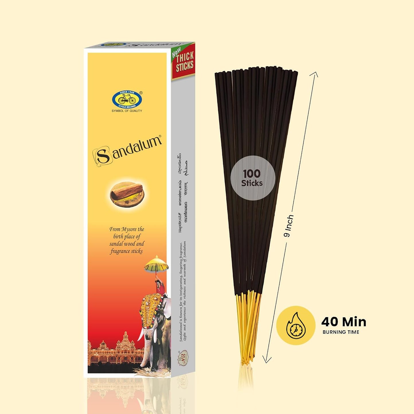 Cycle Sandalum Incense Sticks – Floral & Sandalwood Incense Sticks for Meditation, Prayer & Home Ambience-100 Agarbatti/Pack | 9 inch Sticks - 40 Minutes Burning time
