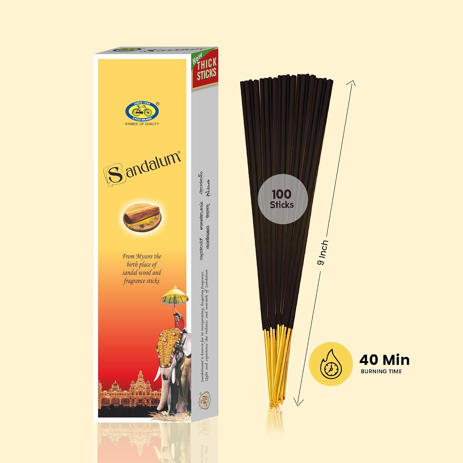 Cycle Sandalum Incense Sticks – Floral & Sandalwood Incense Sticks for Meditation, Prayer & Home Ambience-100 Agarbatti/Pack | 9 inch Sticks - 40 Minutes Burning time