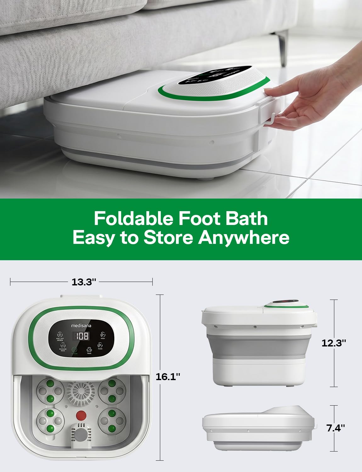 Medisana Collapsible Foot Spa Bath with Motorized Roller & Temp Control, Foot Soaking Tub for Plantar Fasciitis & Muscle Soreness, with Bubble, Red Light Therapy & Remote