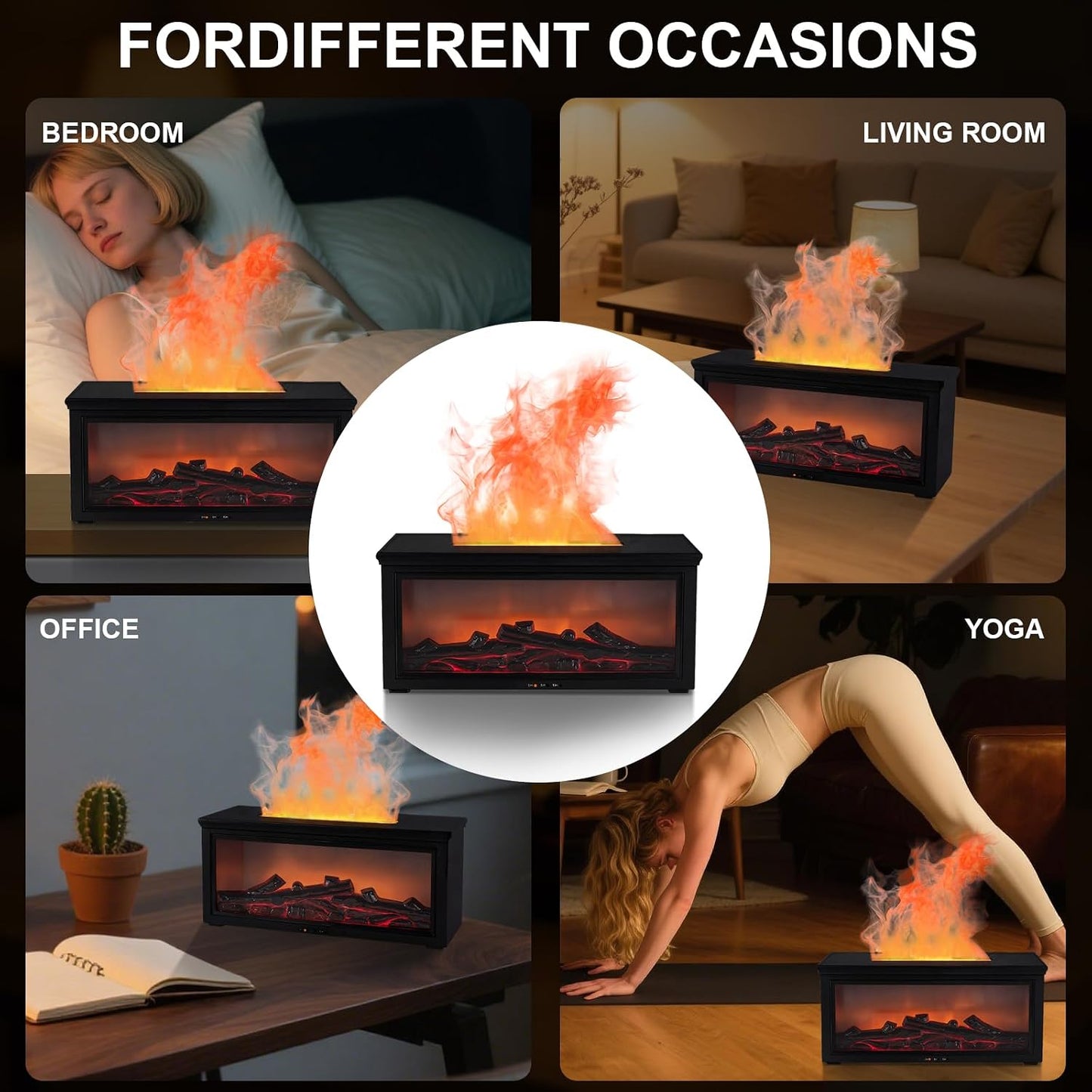 Fireplace Flame Essential Oil Diffuser Humidifier - Ultrasonic Aroma Diffuser with 7-Color Flame Effect, Remote Control & Auto-Off Timer for Bedroom, Home Office,Yoga(Black)