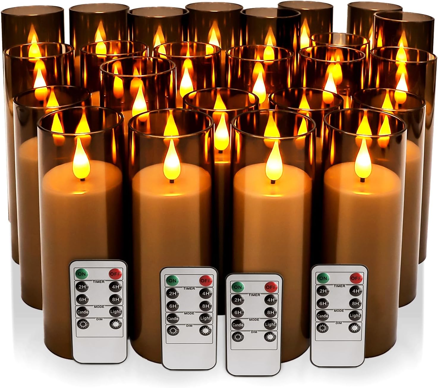 24 Pack LED Gray Flameless Candles with Remote, 3D Flickering Battery Operated Candles in Glass Holders, Safe for Weddings, Parties, Home and Outdoor Decor.
