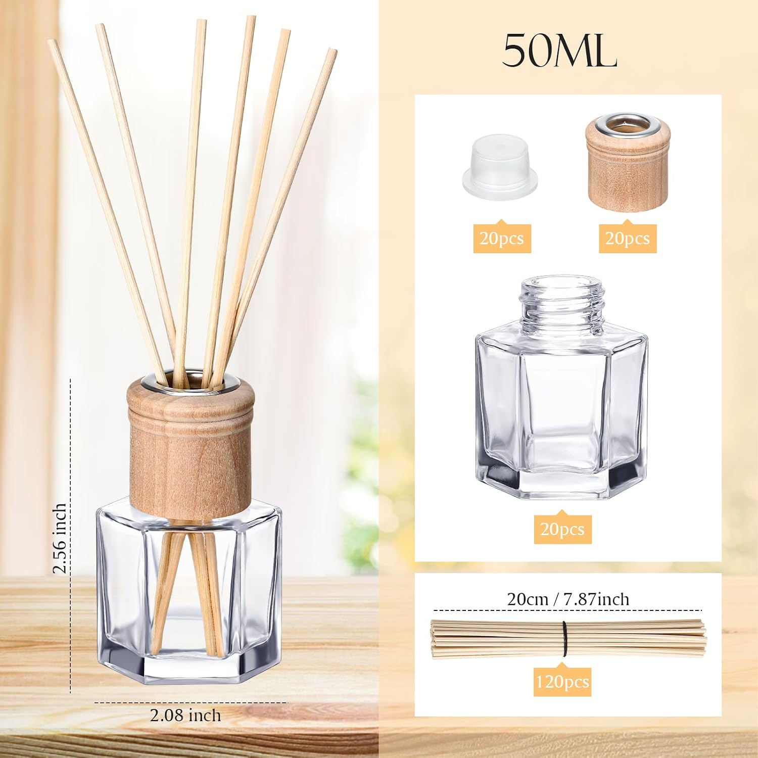 Roshtia 20 Set Reed Diffuser Bottle Empty Refillable Fragrance Glass Diffuser Bottles Set with Wooden Caps Rattan Sticks 50ml 1.7 Oz Hexagonal Glass Jars for DIY Fragrance