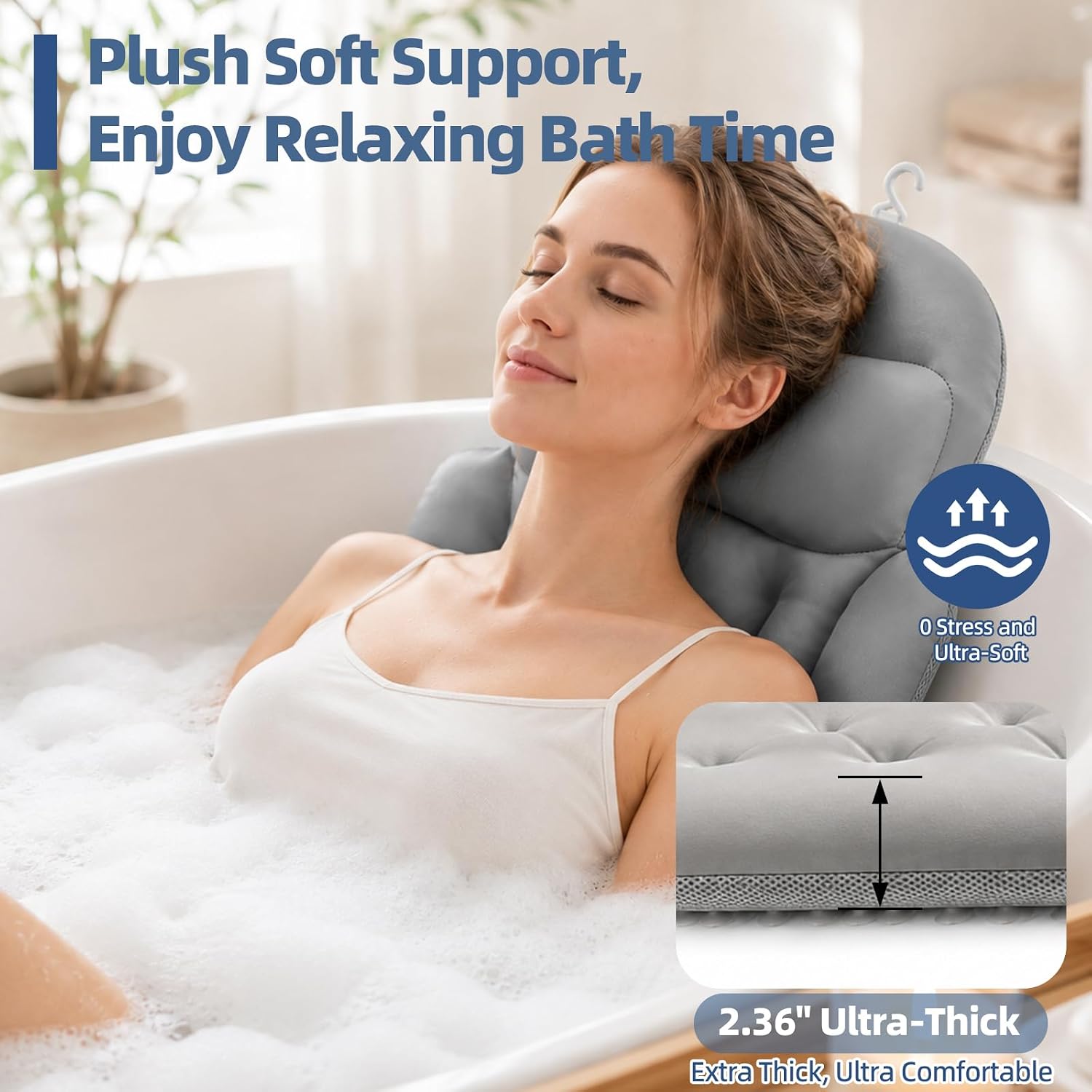 Full Body Bath Pillow for Tub, Ergonomic Head Neck Back Support, 192 Non-Slip Suction Cups, Thick Cushion with Laundry Bag, Fits Most Bathtubs, 56"x16" Grey