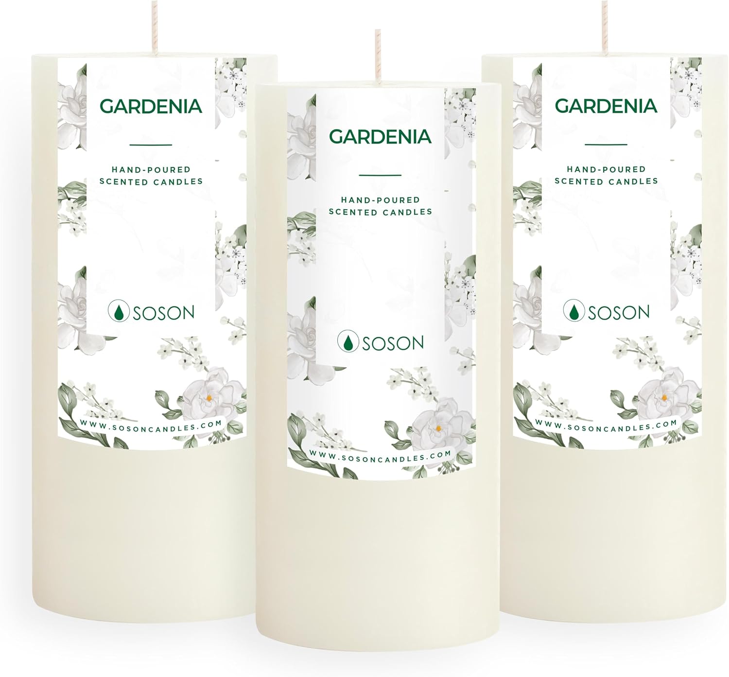 Simply Soson 3x6 inch White Rustic Gardenia Pillar Scented Candle - 3 Pack - for Home Decor, Aromatherapy, Weddings, Restaurants, Spa, Church