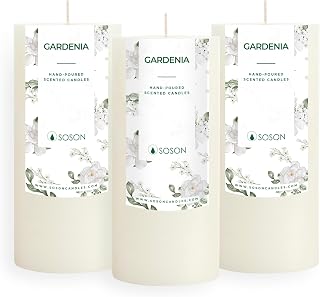 Simply Soson 3x6 inch White Rustic Gardenia Pillar Scented Candle - 3 Pack - for Home Decor, Aromatherapy, Weddings, Restaurants, Spa, Church