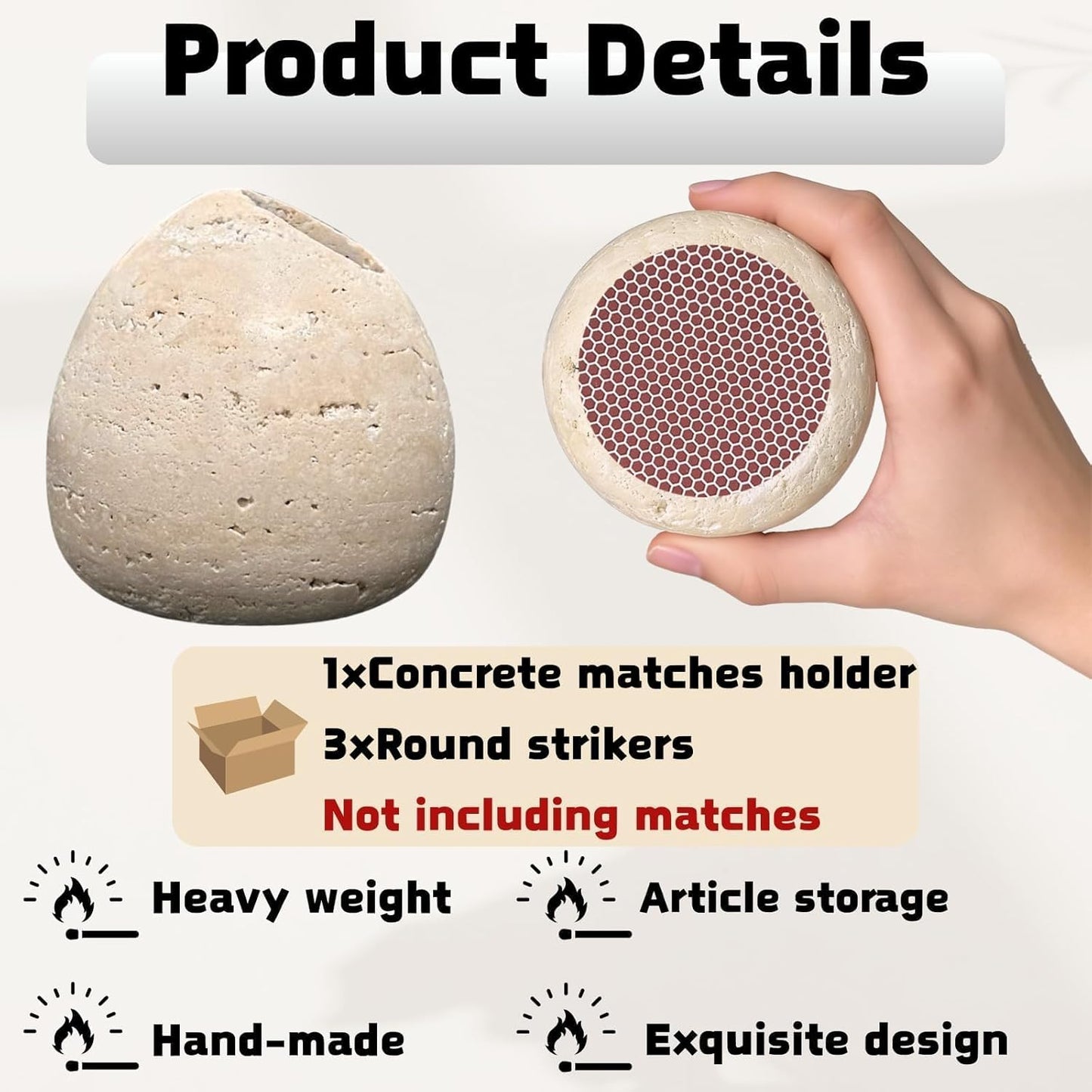 Travertine Match Holder & Extra Striker Pad 3.2in Handmade Stone Match Organizer Matches in a Jar Decorative Cute Matchstick Container Home Kitchen Decor Housewarming Wedding Gift Matches Not Included