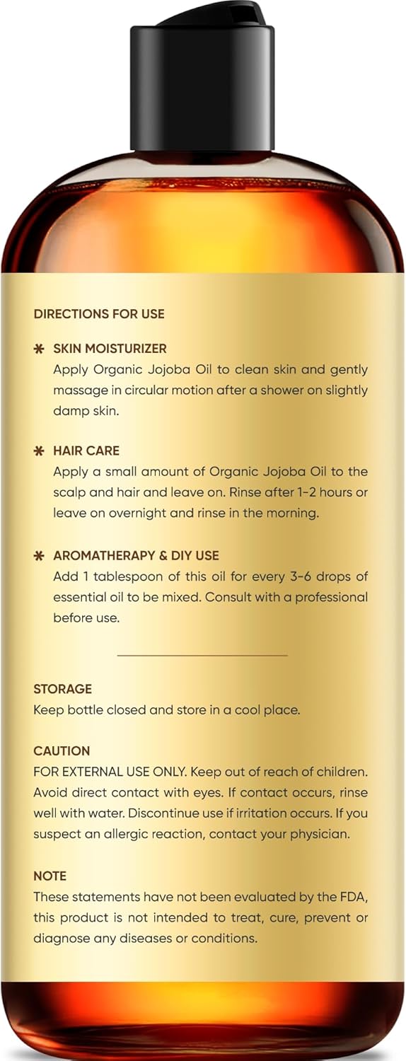 Brooklyn Botany Cold-Pressed Organic Jojoba Oil | for Skin, Hair and Face | 8 Fl Oz | 100% Pure and Natural | Carrier Oil for Essential Oils, Aromatherapy and Massage | Hexane Free