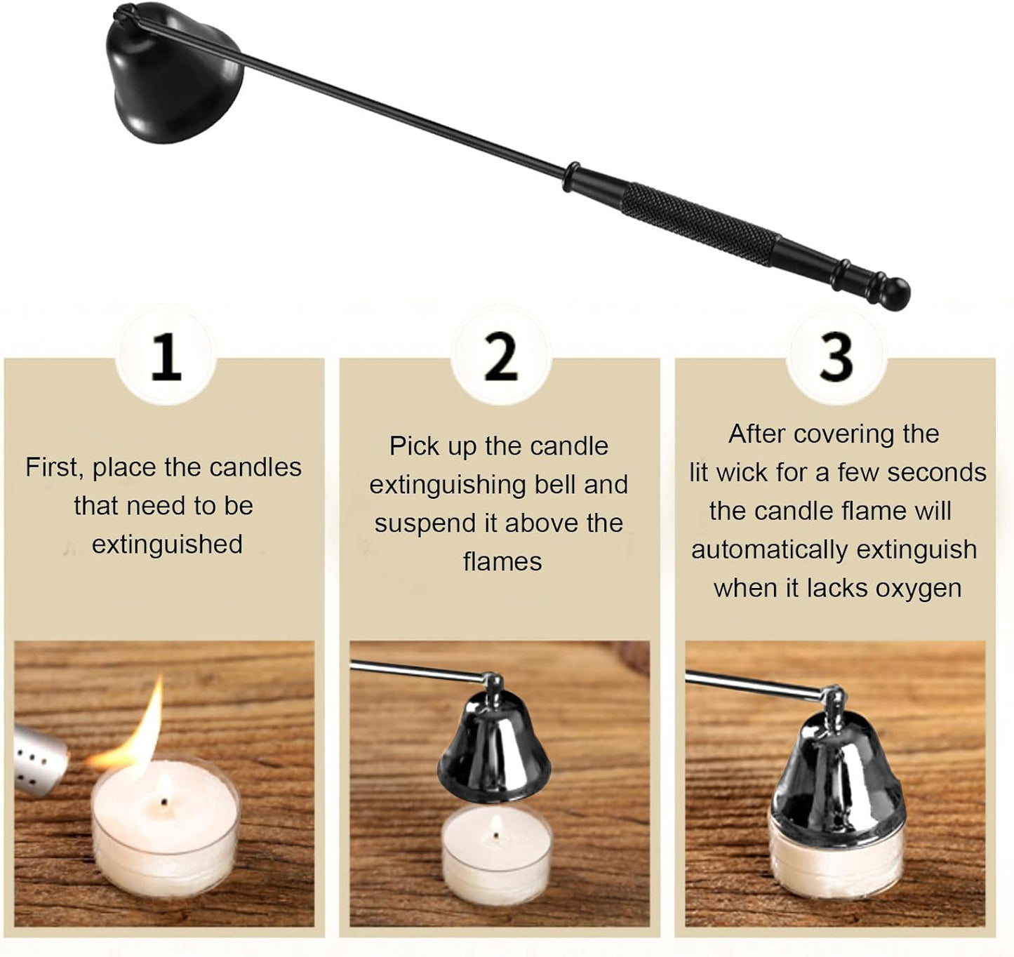 Candle Snuffer, Candle Snuffers Wick Snuffer, Candle Accessory, Extinguish Candle Flame Safely with Long Handle Putting Out Fire, Candle Extinguisher Tool (Black)