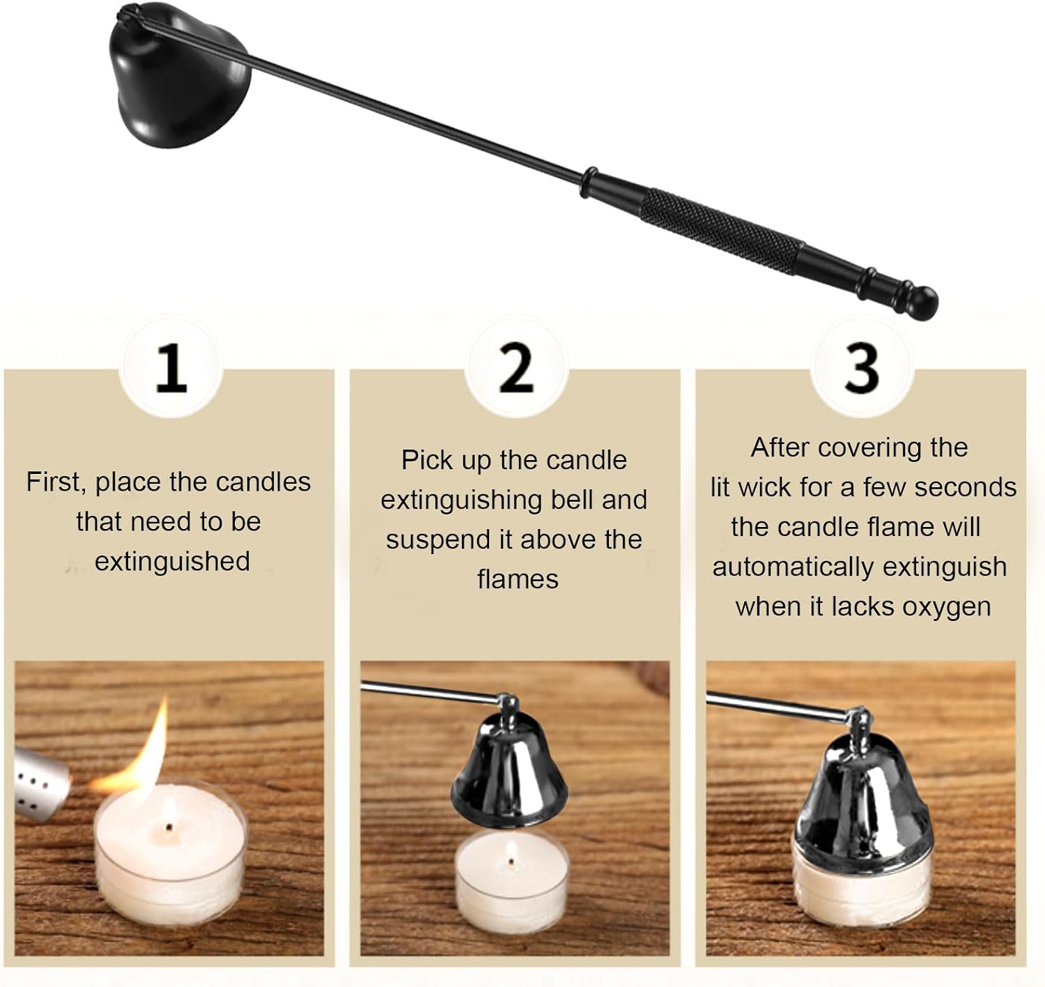 Candle Snuffer, Candle Snuffers Wick Snuffer, Candle Accessory, Extinguish Candle Flame Safely with Long Handle Putting Out Fire, Candle Extinguisher Tool (Black)