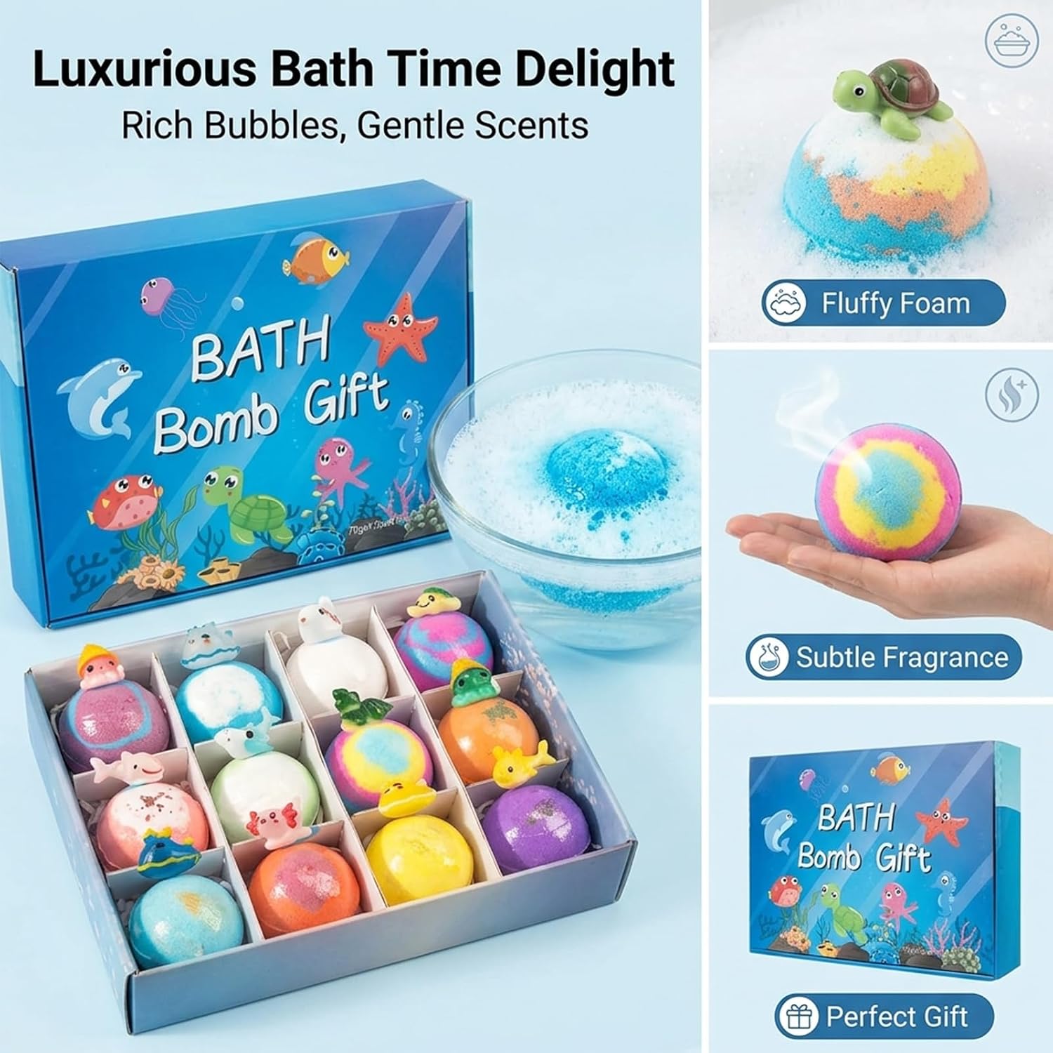Kids Bath Bombs with Toys Inside, 12PCS Ocean Surprise Series Fizzy Bath Balls, Natural Vegan Essential Oils, Skin Moisturizing Spa Gift Set for Toddler Boys Girls Kids Children Baby