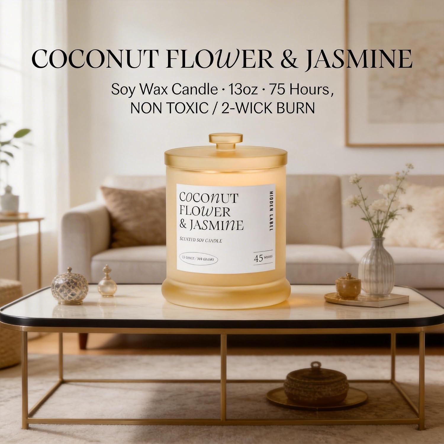 Coconut Flower & Jasmine Scented Candle, 13oz Natural Soy Wax Candle with 2 Wicks, 75 Hour Long Lasting Aromatherapy Candle for Stress Relief, Non Toxic Luxury Candle for Home Decor