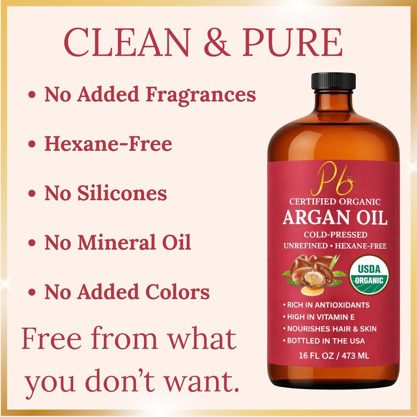 Argan Oil, 16 fl oz Glass Bottle with Pump, Organic Moroccan Argan Oil for Hair, Skin, Face & Nails, USDA Certified Organic, Cold-Pressed Unrefined Hexane-Free Carrier Oil for Essential Oils
