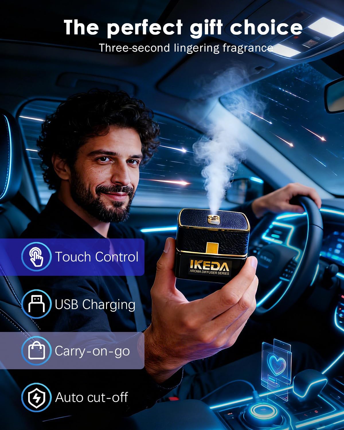 Smart Car Air Fresheners | Luxury Car Aroma Diffuser | with 120ml Long Lasting Perfume | Auto On/Off Car Diffuser | Mini Cube Diffuser for Car, Home by Ikeda (Black)