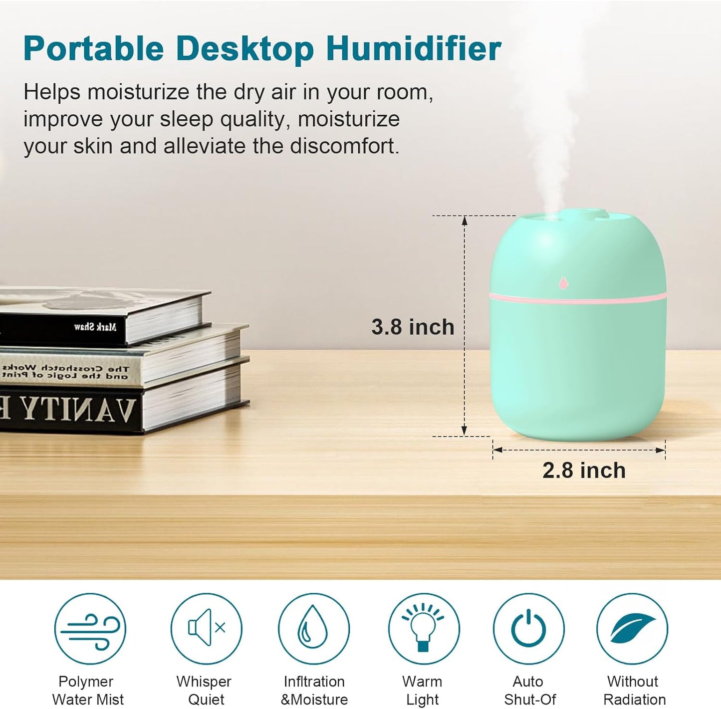 Portable Small Humidifier, USB Personal Desktop Humidifier for Car, Office Room, Bedroom, Auto Shut-Off, 2 Mist Modes, Super Quiet, 220ml, Green