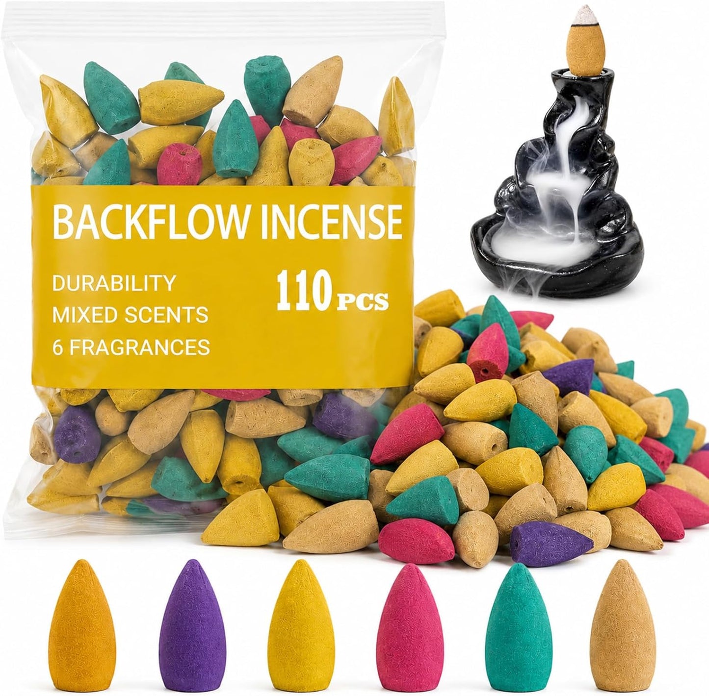 110Pcs Backflow Incense Cones for Waterfall 6 Different Mixed Natural Incense Waterfall Cones