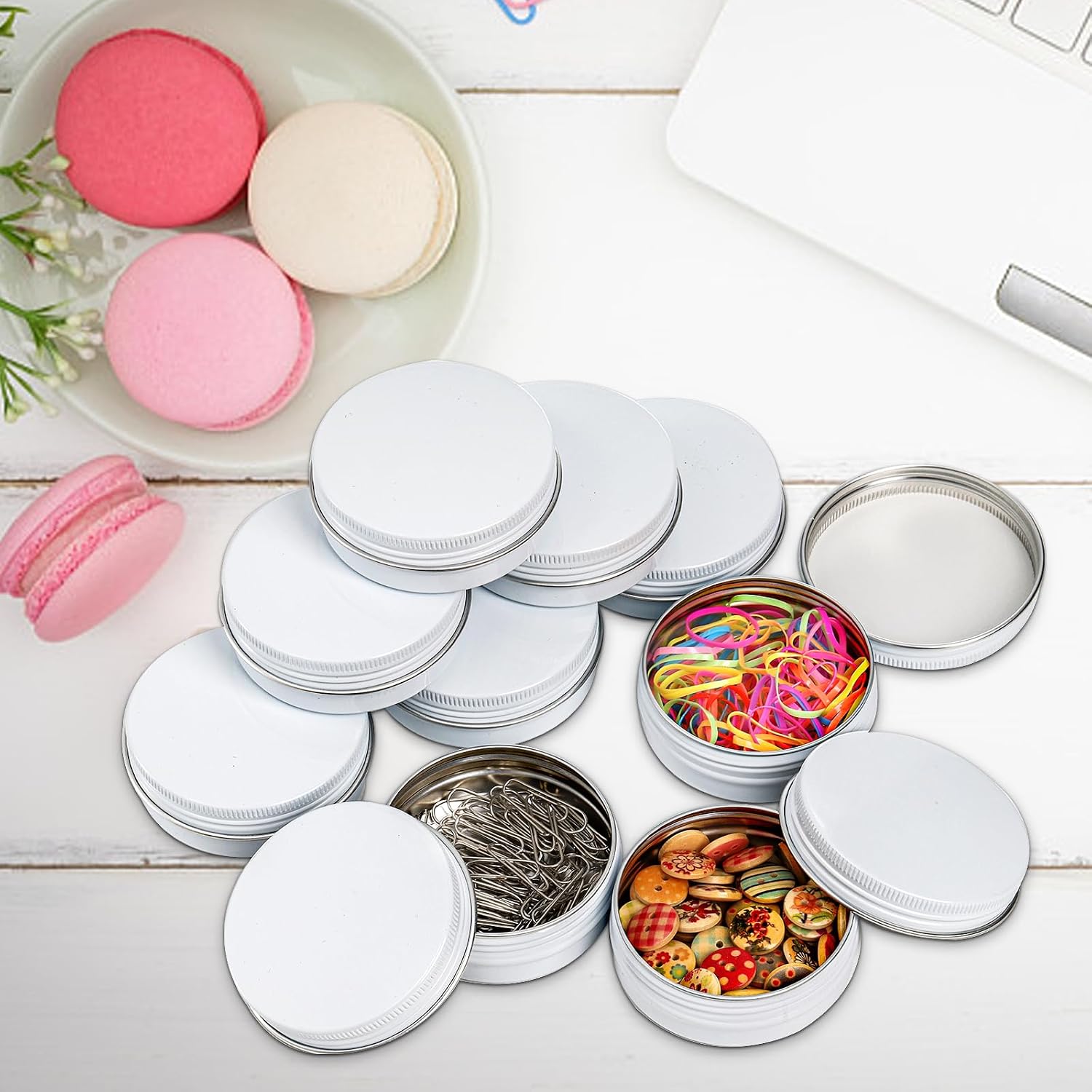 Foraineam 48 Pack 2 oz White Lip Balm Tin Cans, Aluminum Round Cosmetic Sample Containers with Screw Lid, Storage Travel Tin Jars Metal Empty Tins for Salve, Cream, Spices or Candles
