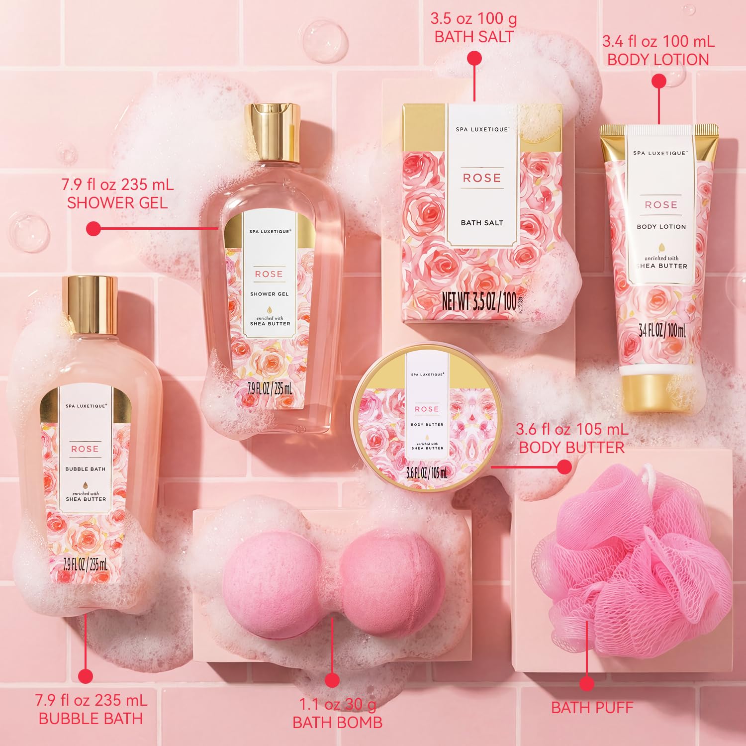 spa luxetique Gift Set For Women, Bath Sets for Women Gift, 8 Pcs Rose Spa Basket Includes Bubble Bath, Shower Gel, Body Lotion, Mom Birthday Gifts, Mother‘s Day Gifts for Her